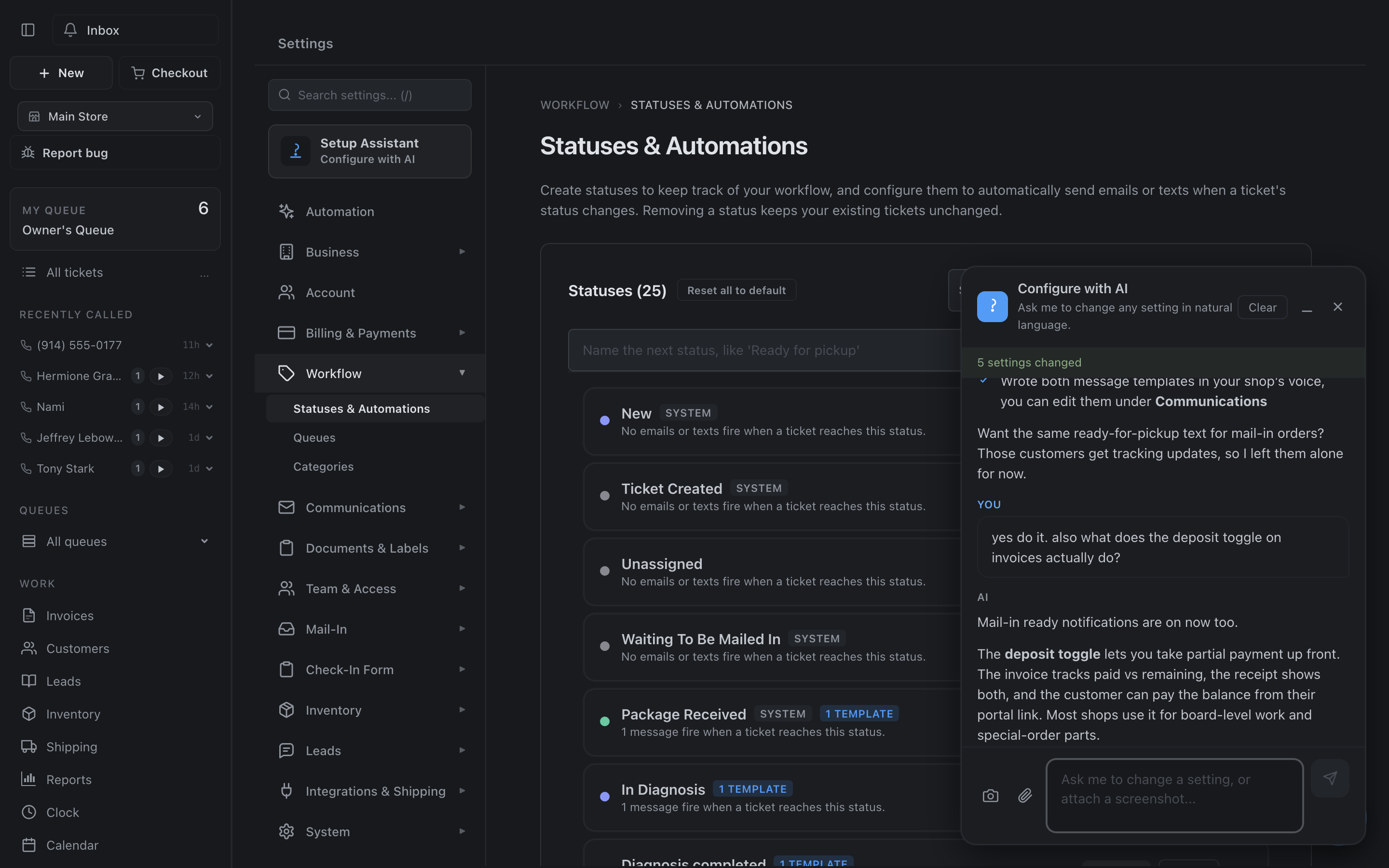 The BenchKey AI assistant setting up review requests and pickup texts from a chat conversation
