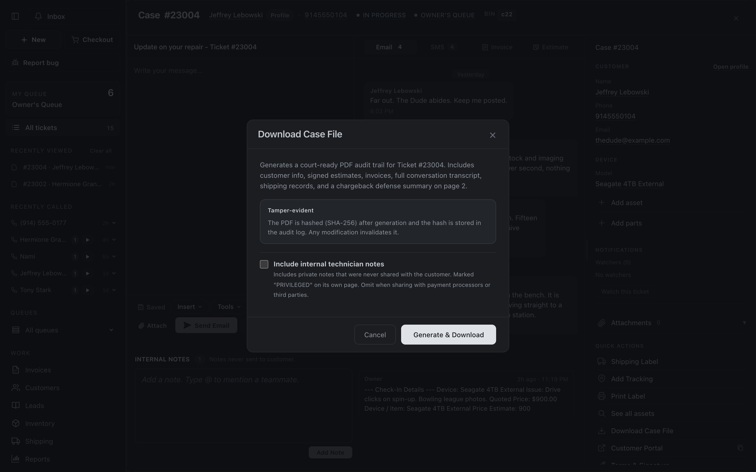 Downloading a complete case file from a ticket