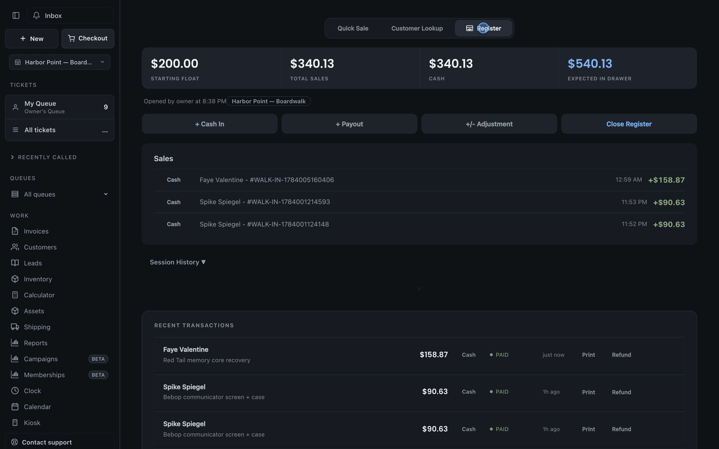 The current open register with populated sales, running totals, and recent transactions