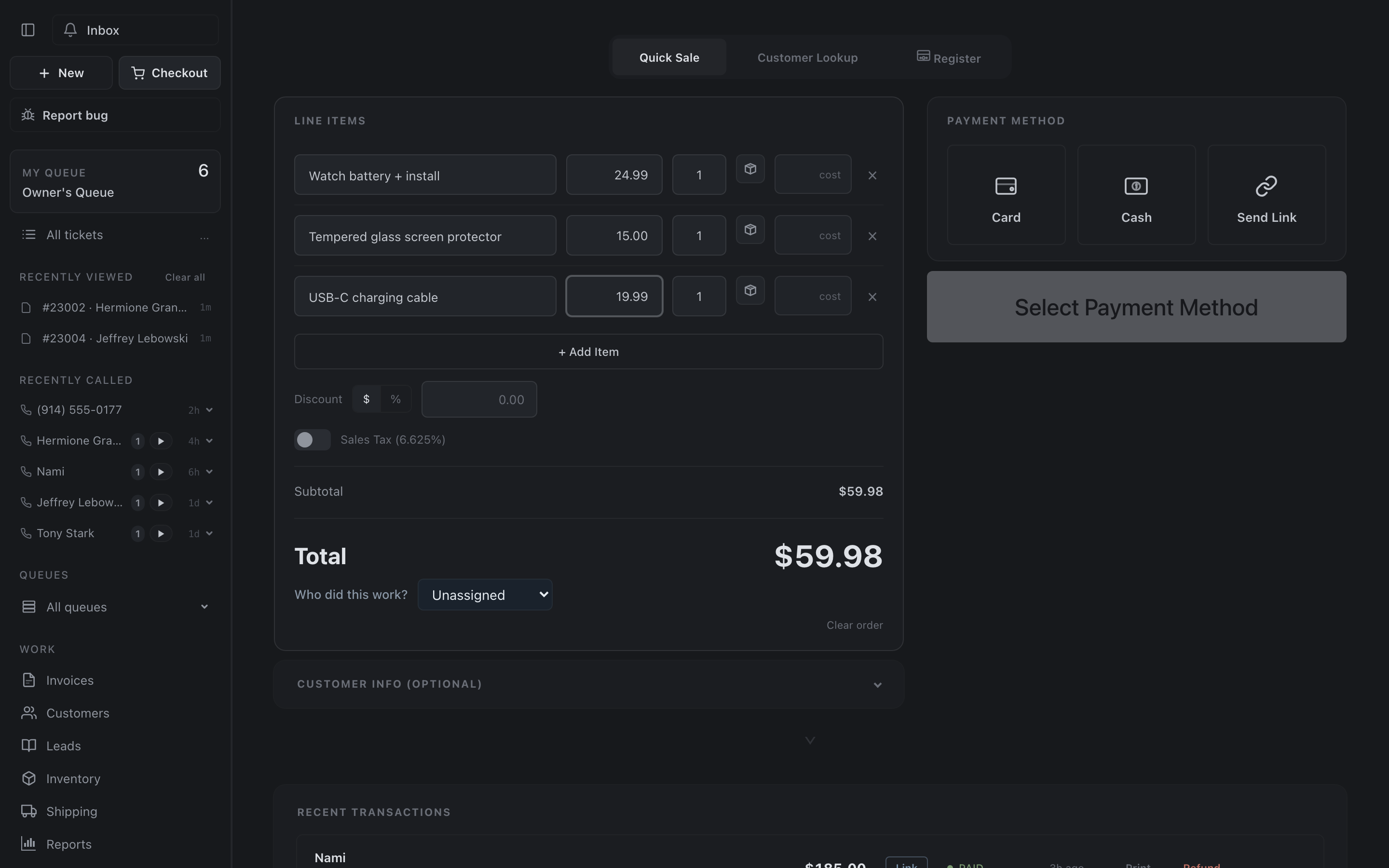 Quick Sale checkout with line items and payment options