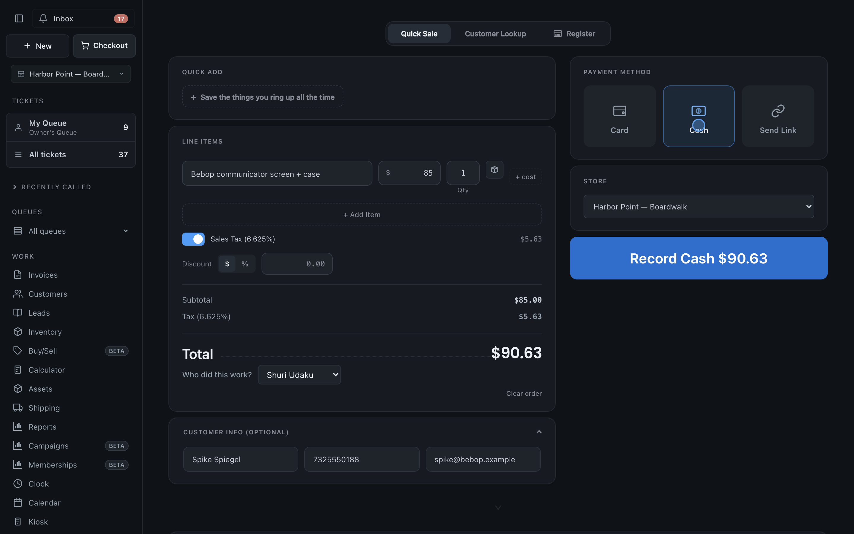 The current Quick Sale screen with Spike Spiegel, a populated repair line, technician credit, payment choices, and total