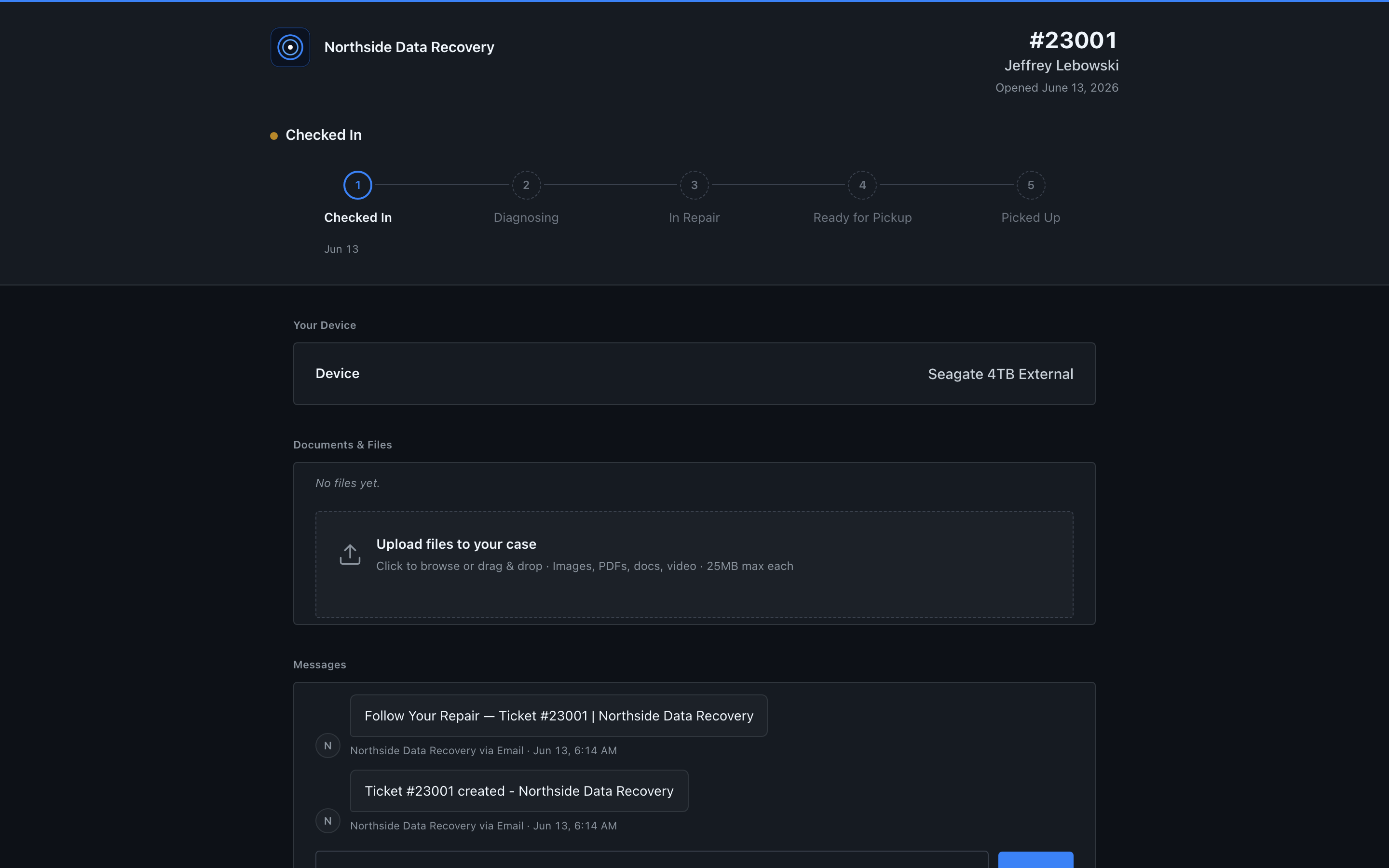 The customer portal tracking a recovery case