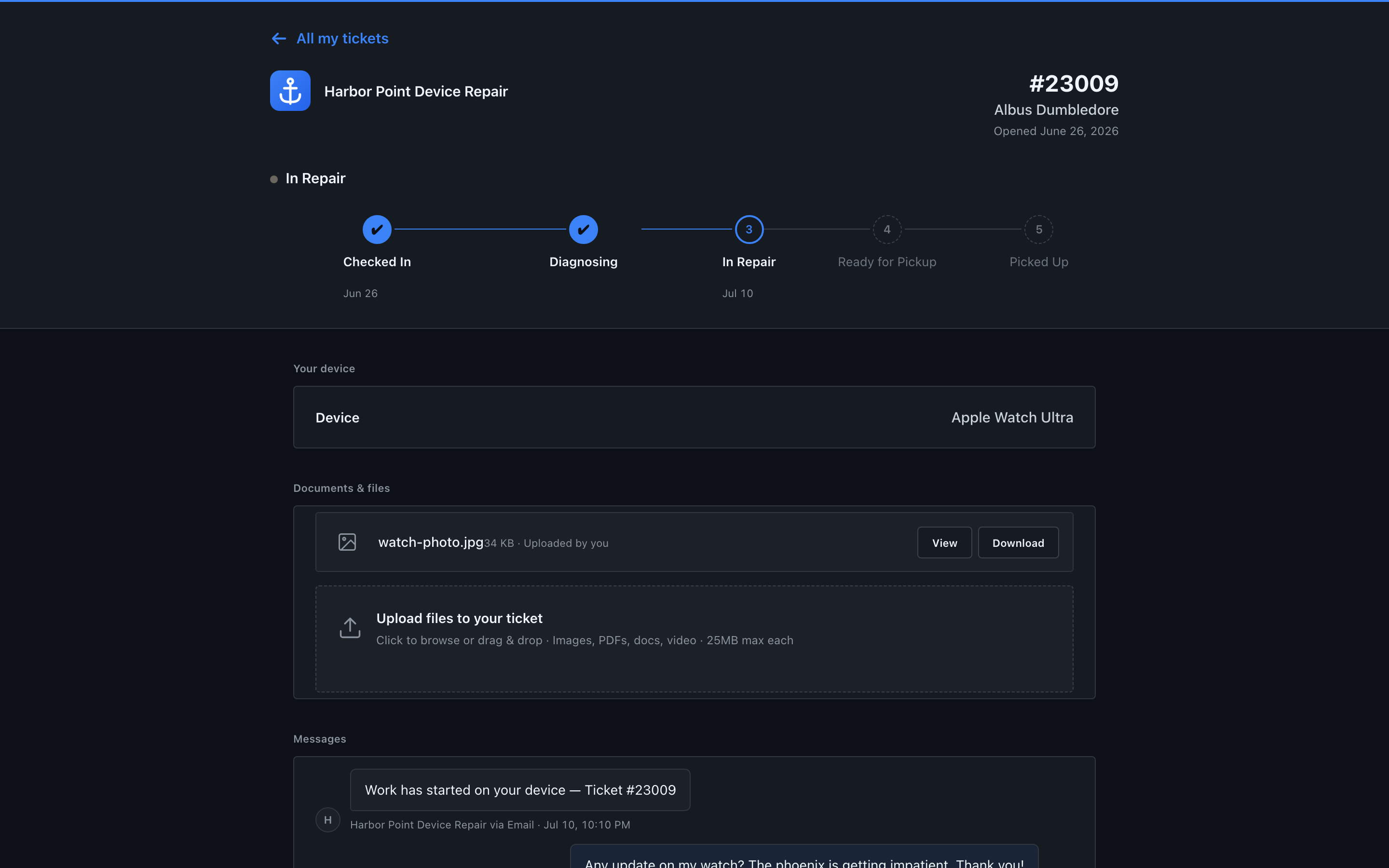 The customer portal, live repair timeline