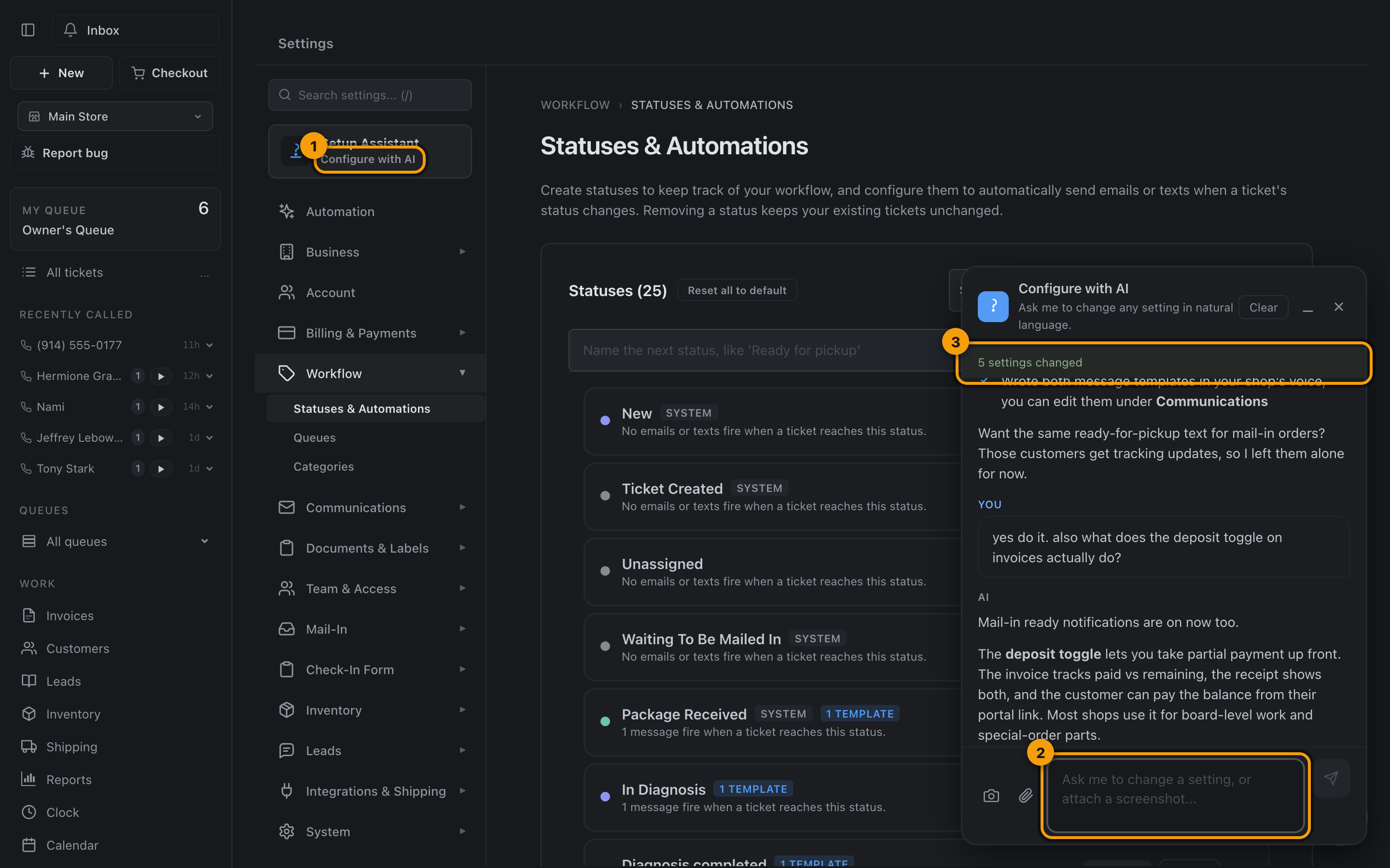 The AI assistant configuring review requests, with the change log badge showing how many settings changed