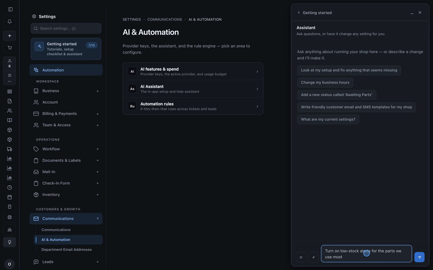 The AI and Automation settings page with the assistant open and a low-stock alert request drafted