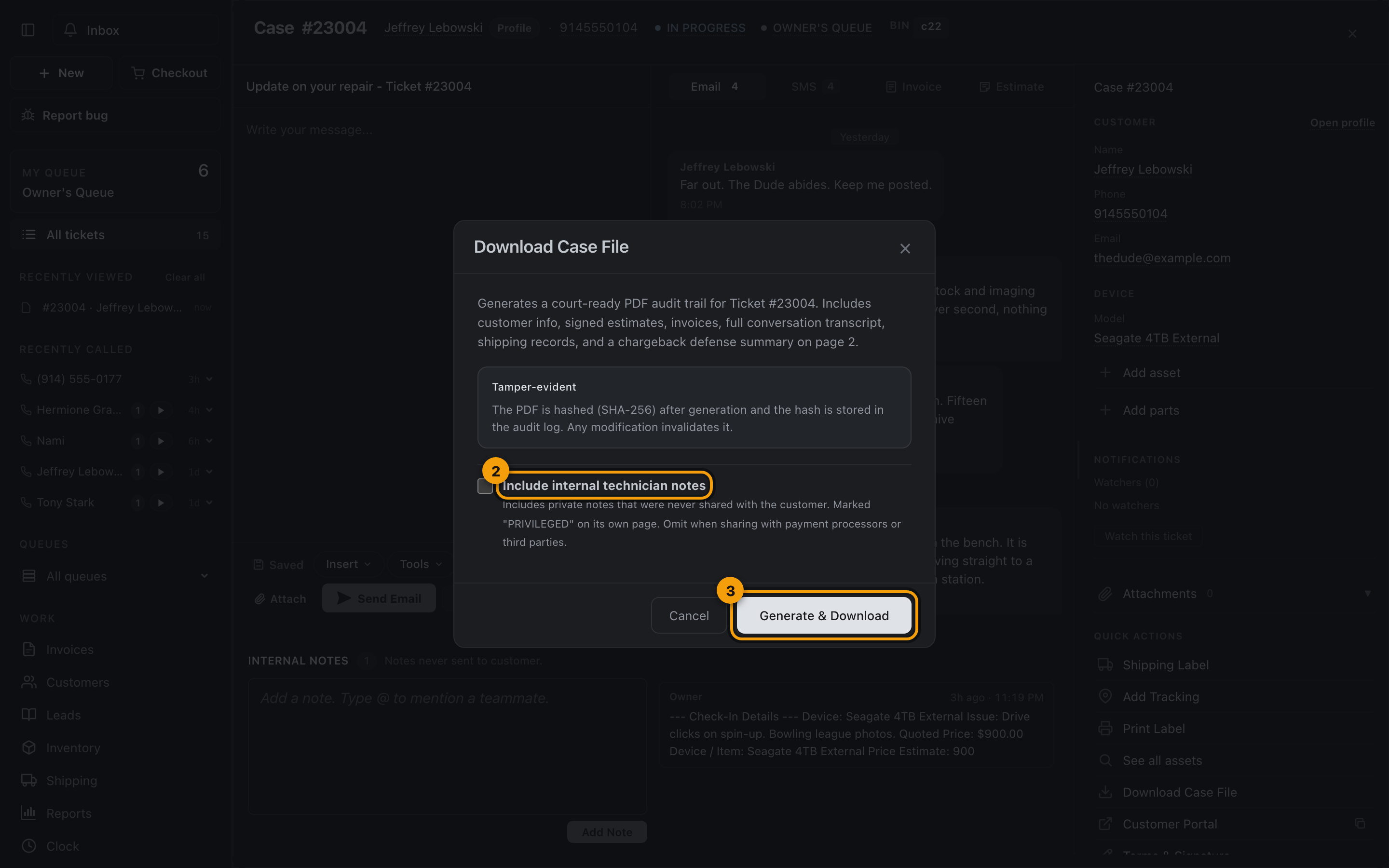 The case file options, internal notes toggle and the Generate button
