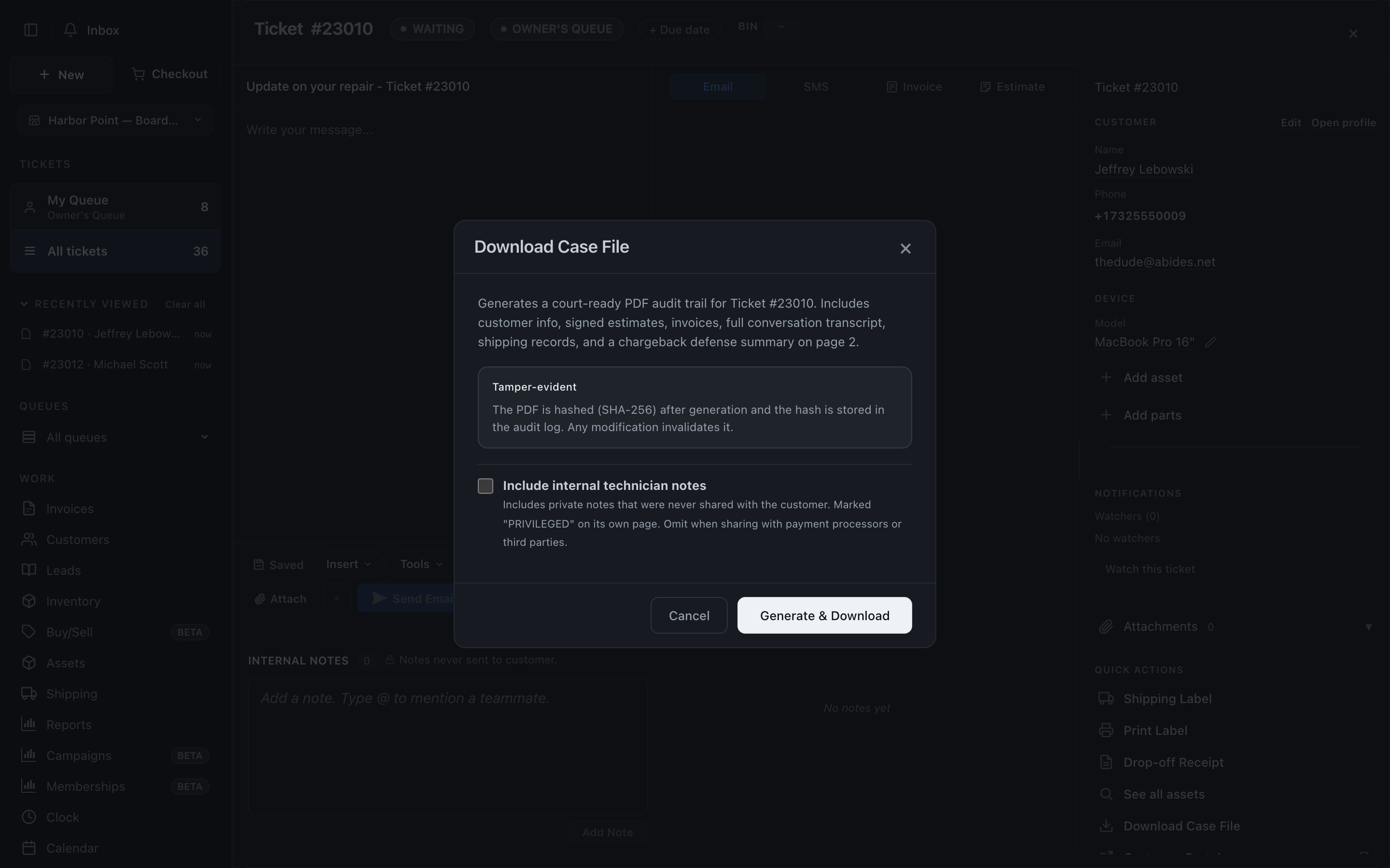 The case file options, internal notes toggle and the Generate button