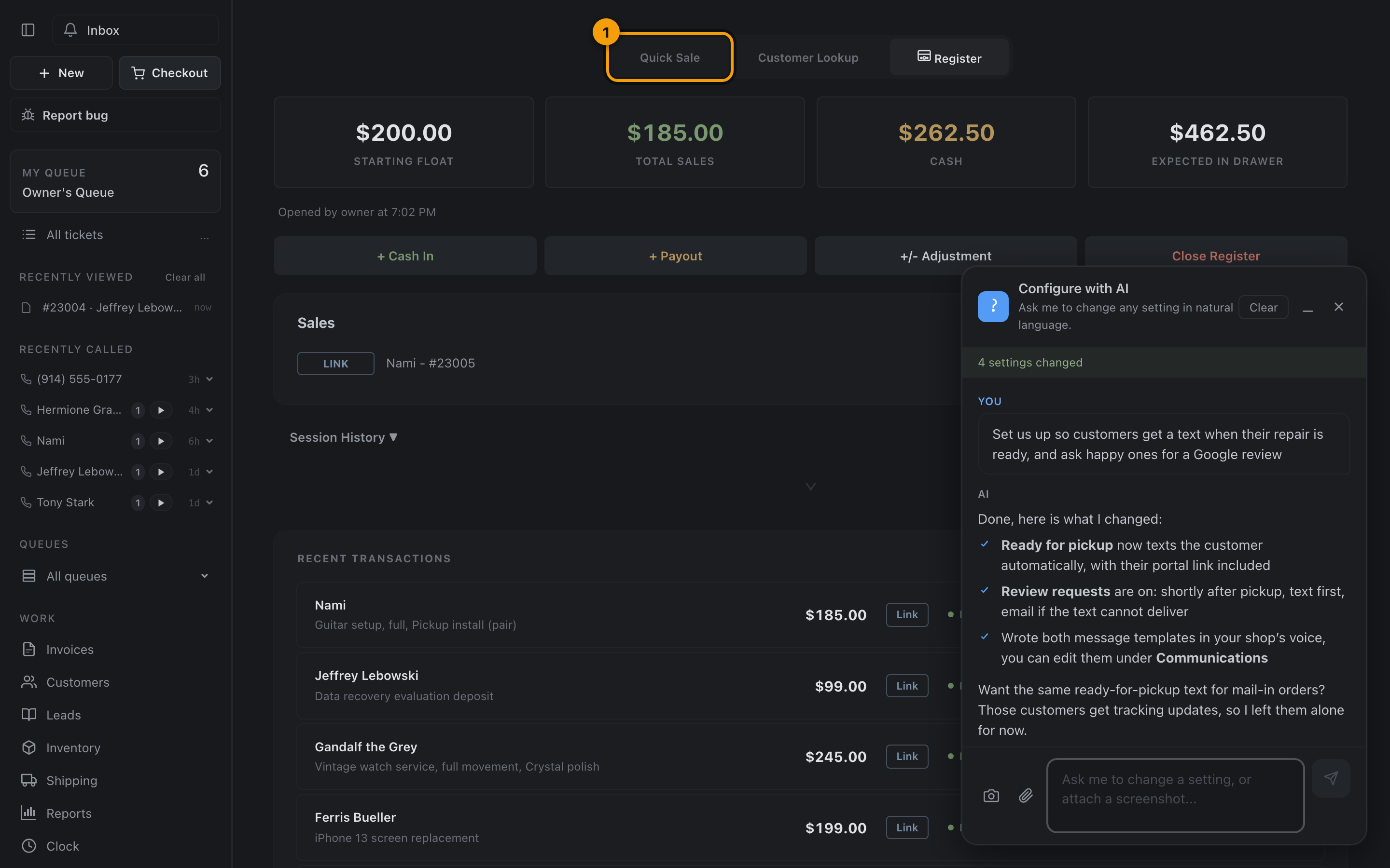 The checkout modes, Quick Sale, Customer Lookup, and Register