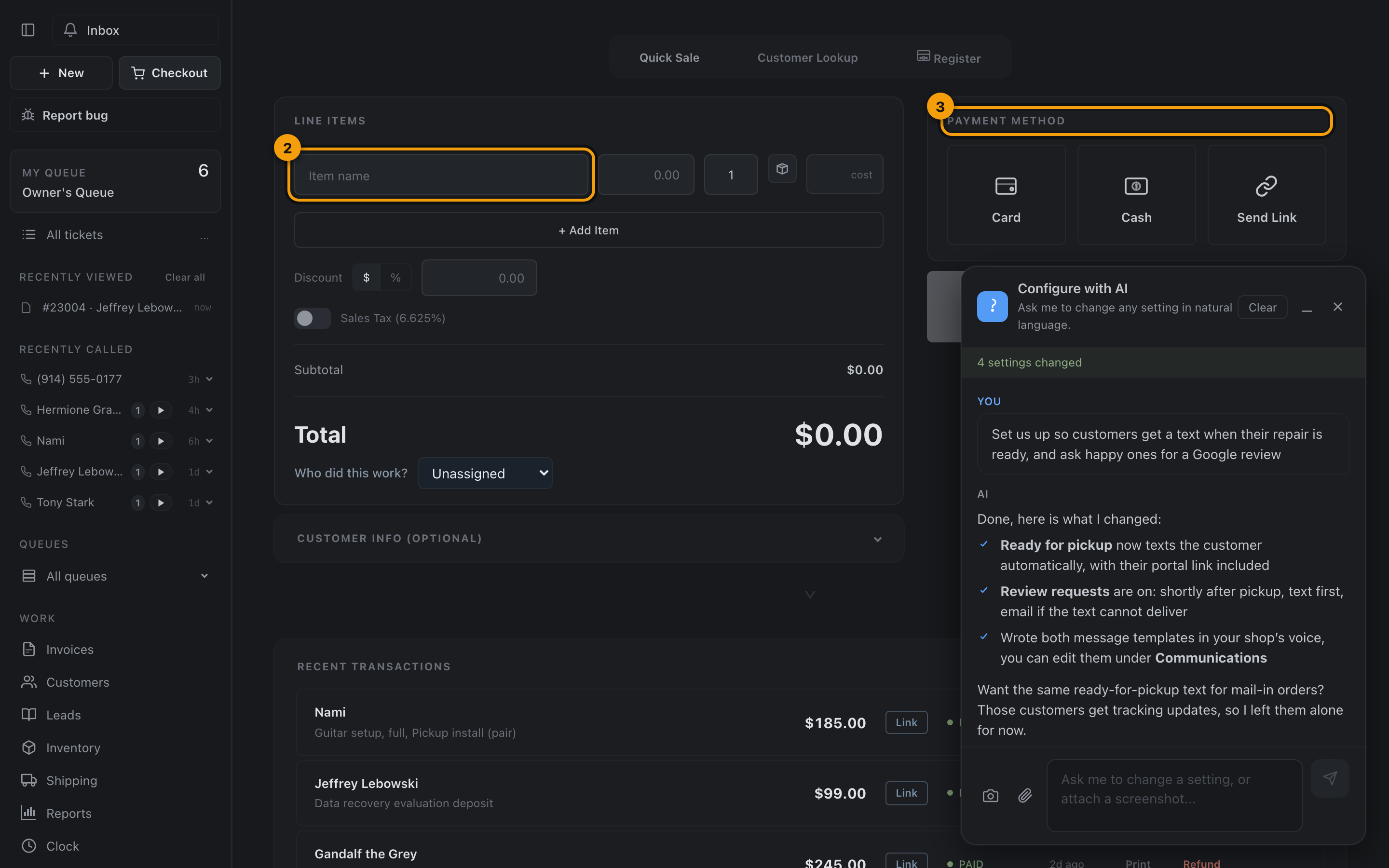 A quick sale with line items typed and the payment method panel ready
