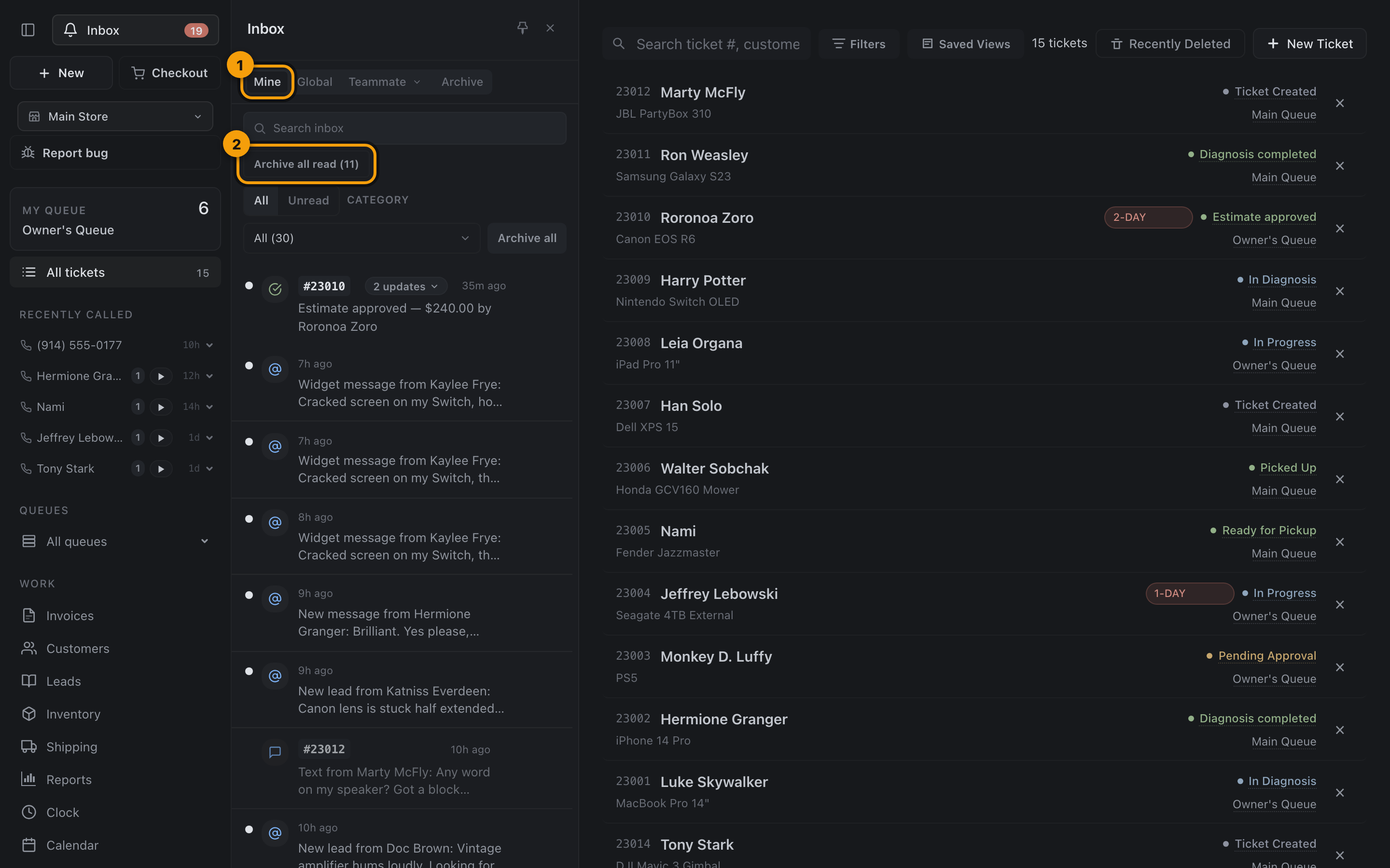The inbox with tabs and per-ticket stacks