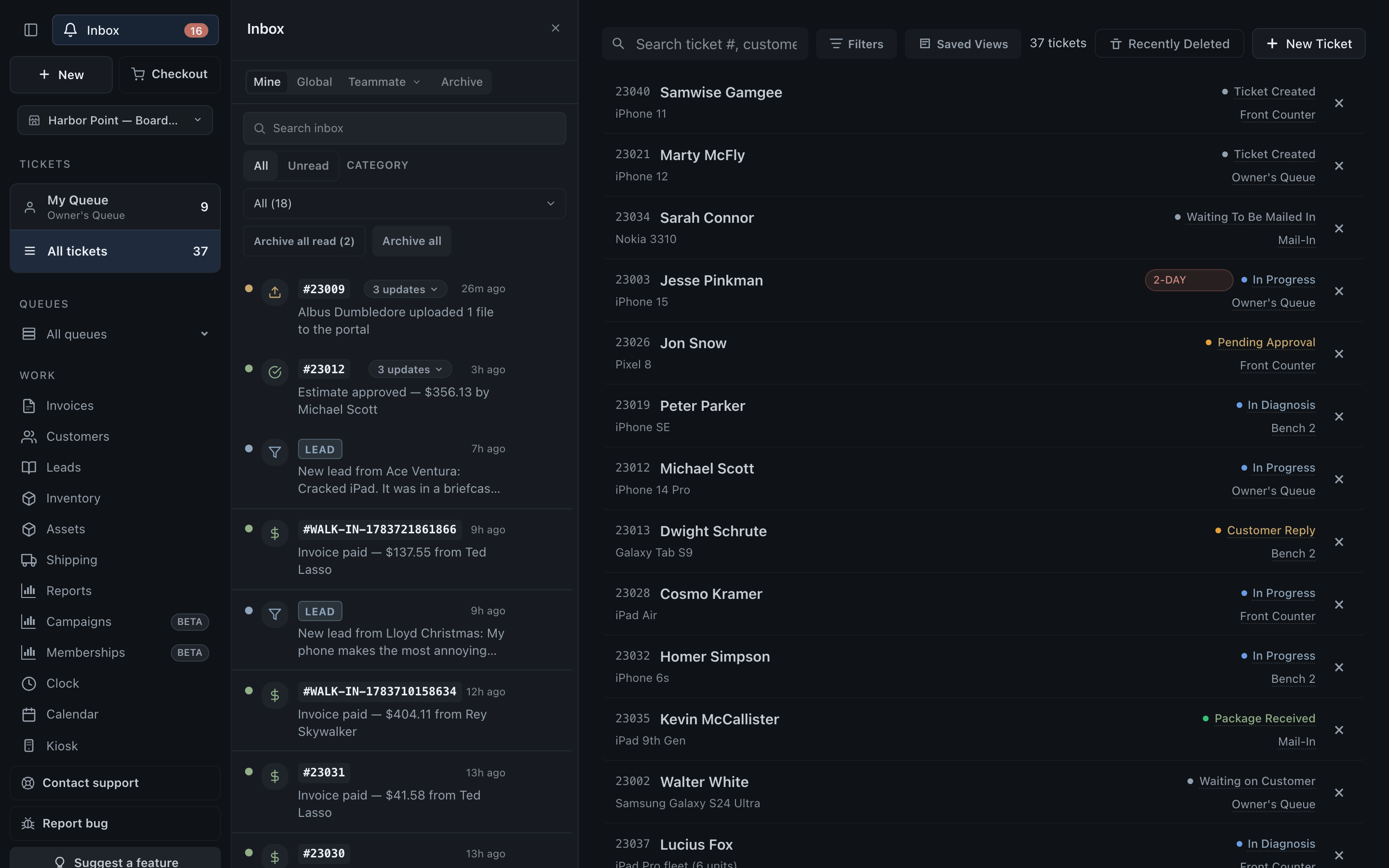 The inbox with tabs and per-ticket stacks
