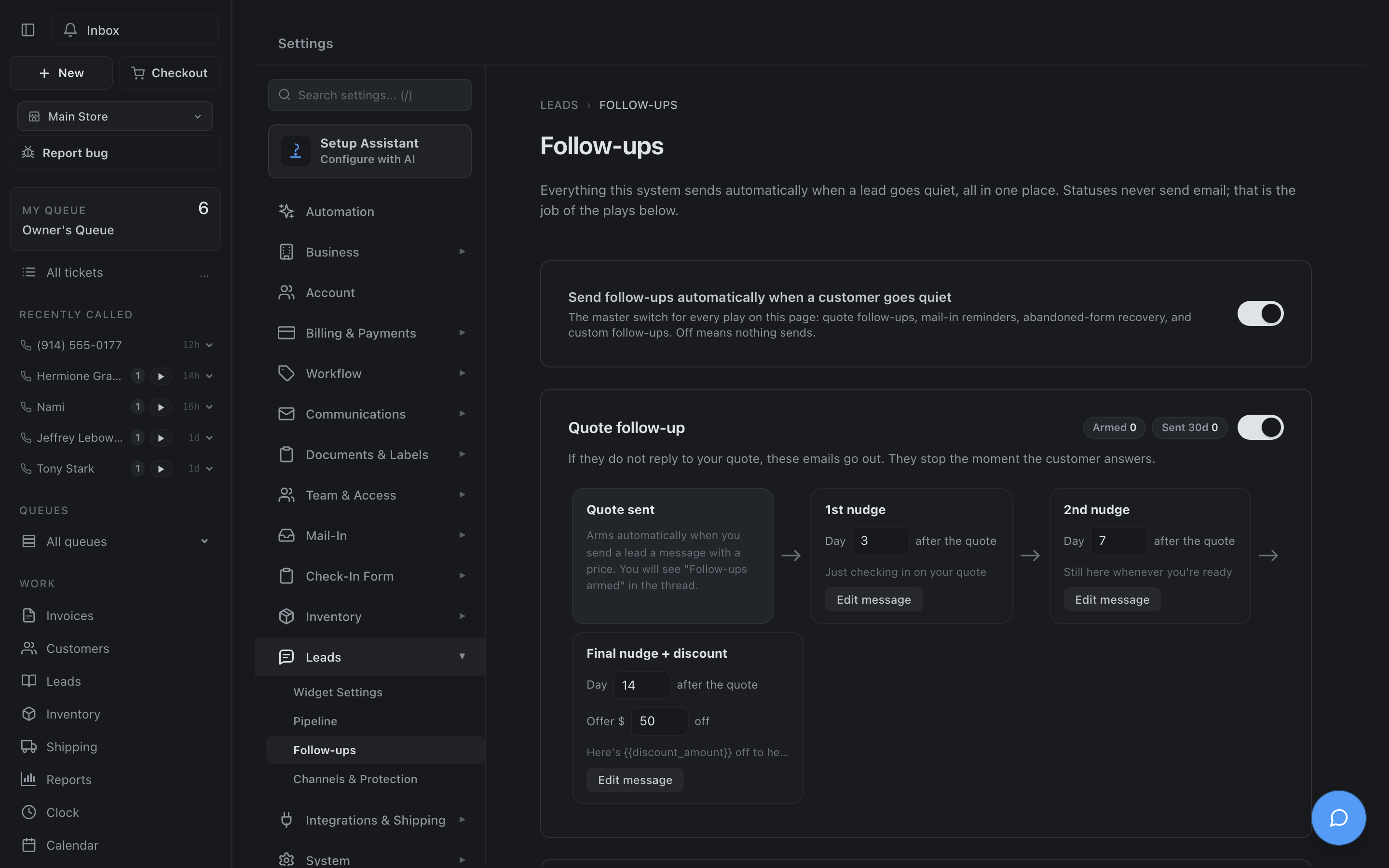 Lead follow-up settings