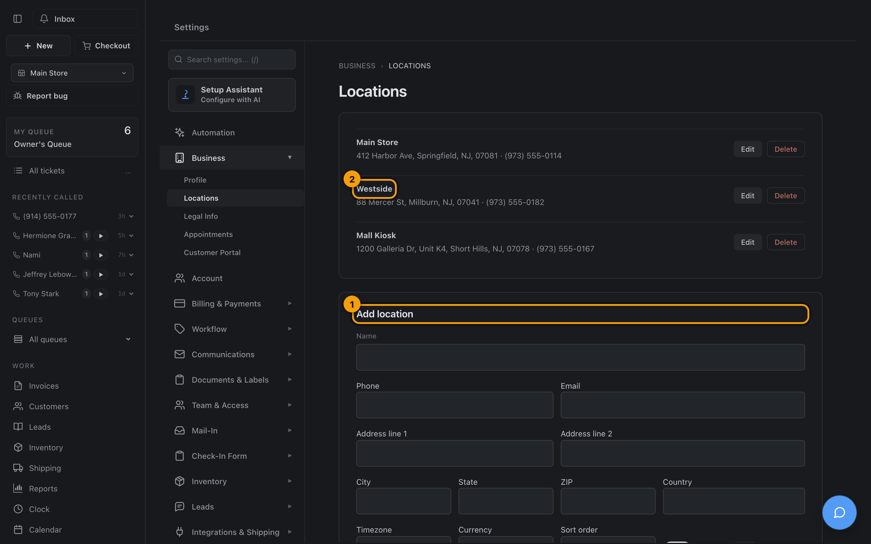 The Locations settings page with multiple stores