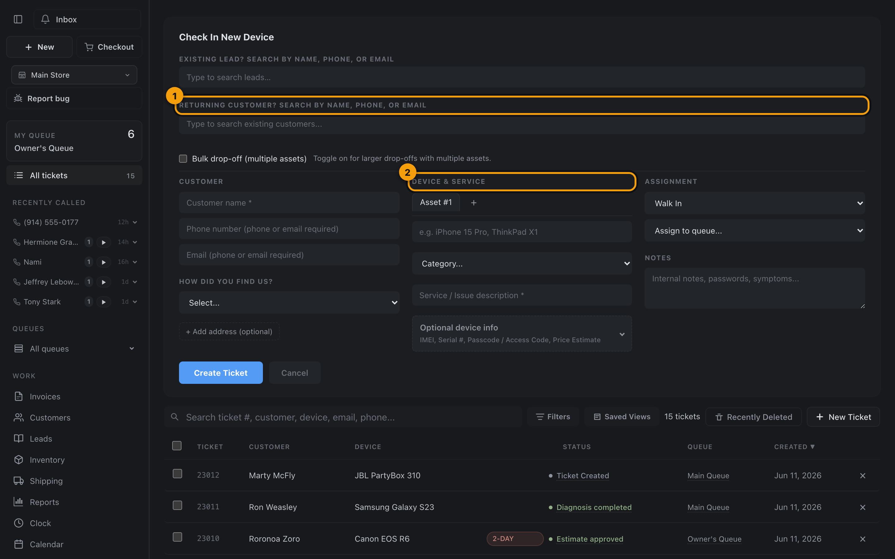 The new ticket form: returning-customer search (1) and the device section (2)