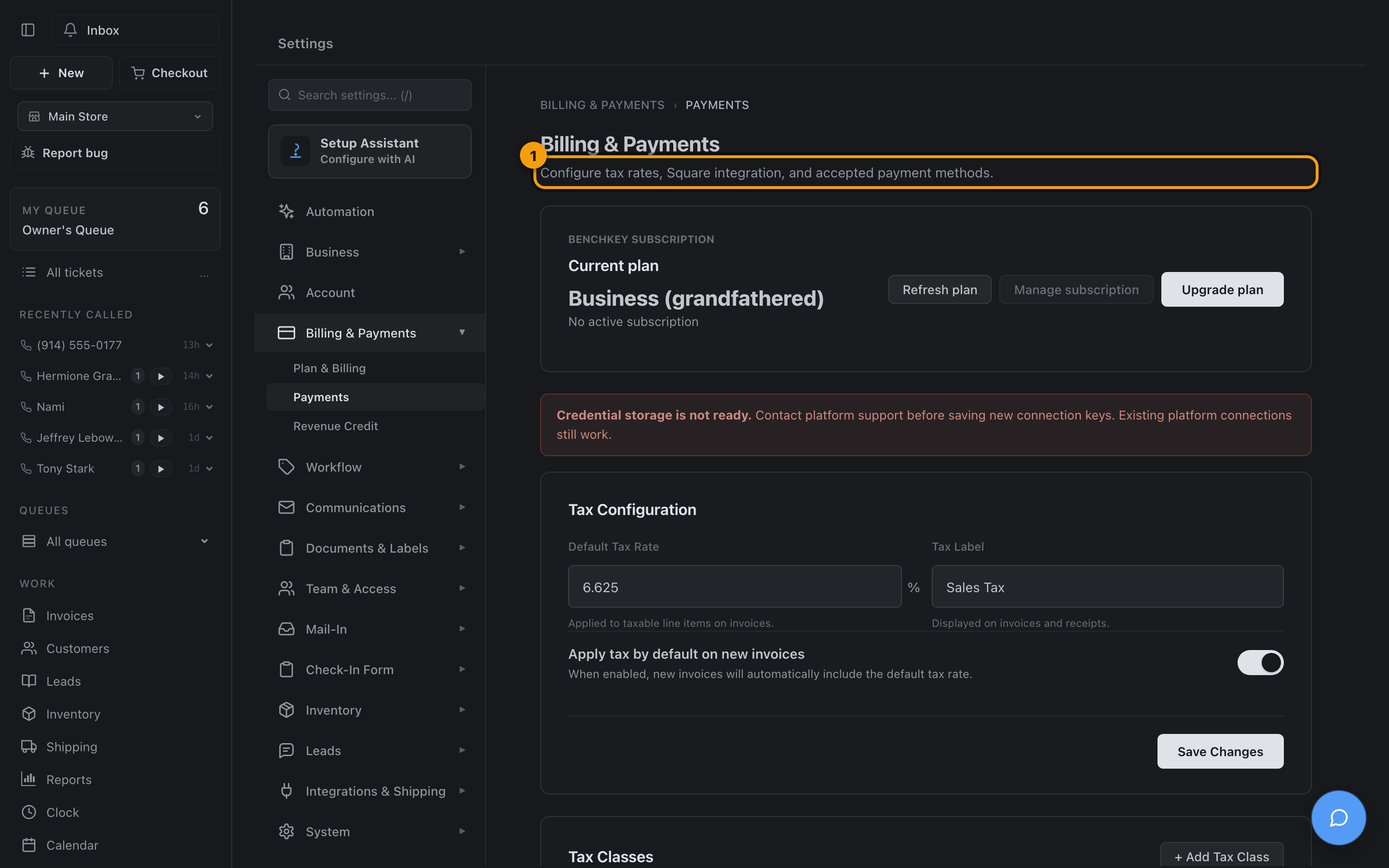 The payments settings page with the tax section