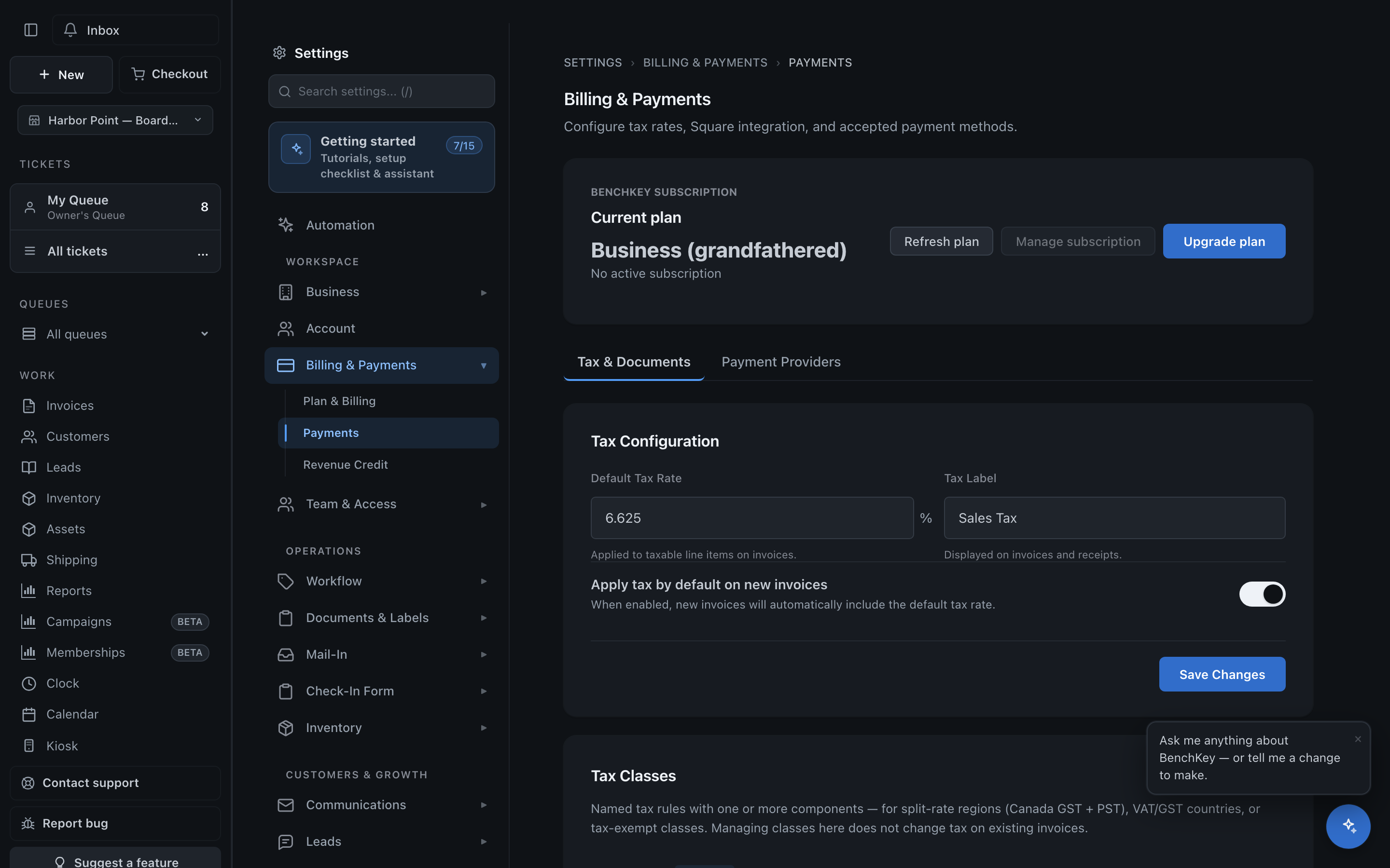The payments settings page with the tax section