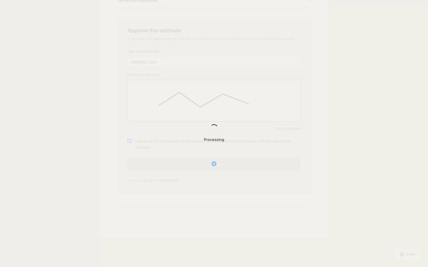 The customer approval panel: typed name, drawn signature, terms checkbox