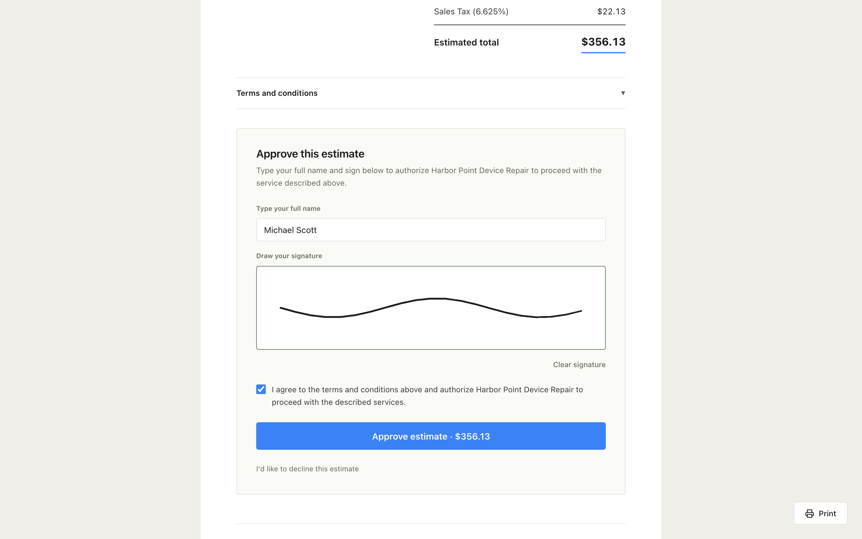 The customer approval panel: typed name, drawn signature, terms checkbox