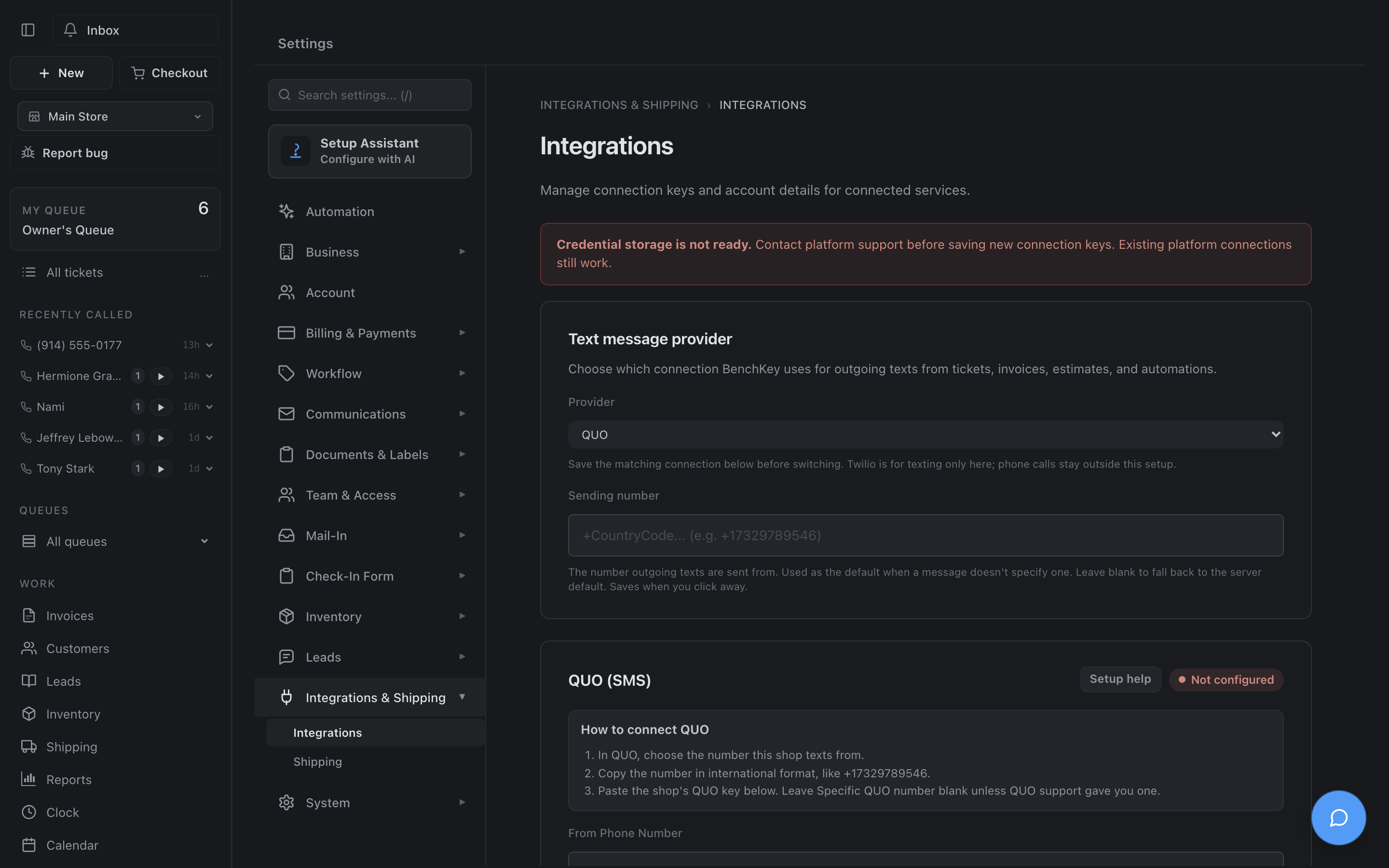 The integrations page with the text message provider and Quo connection card