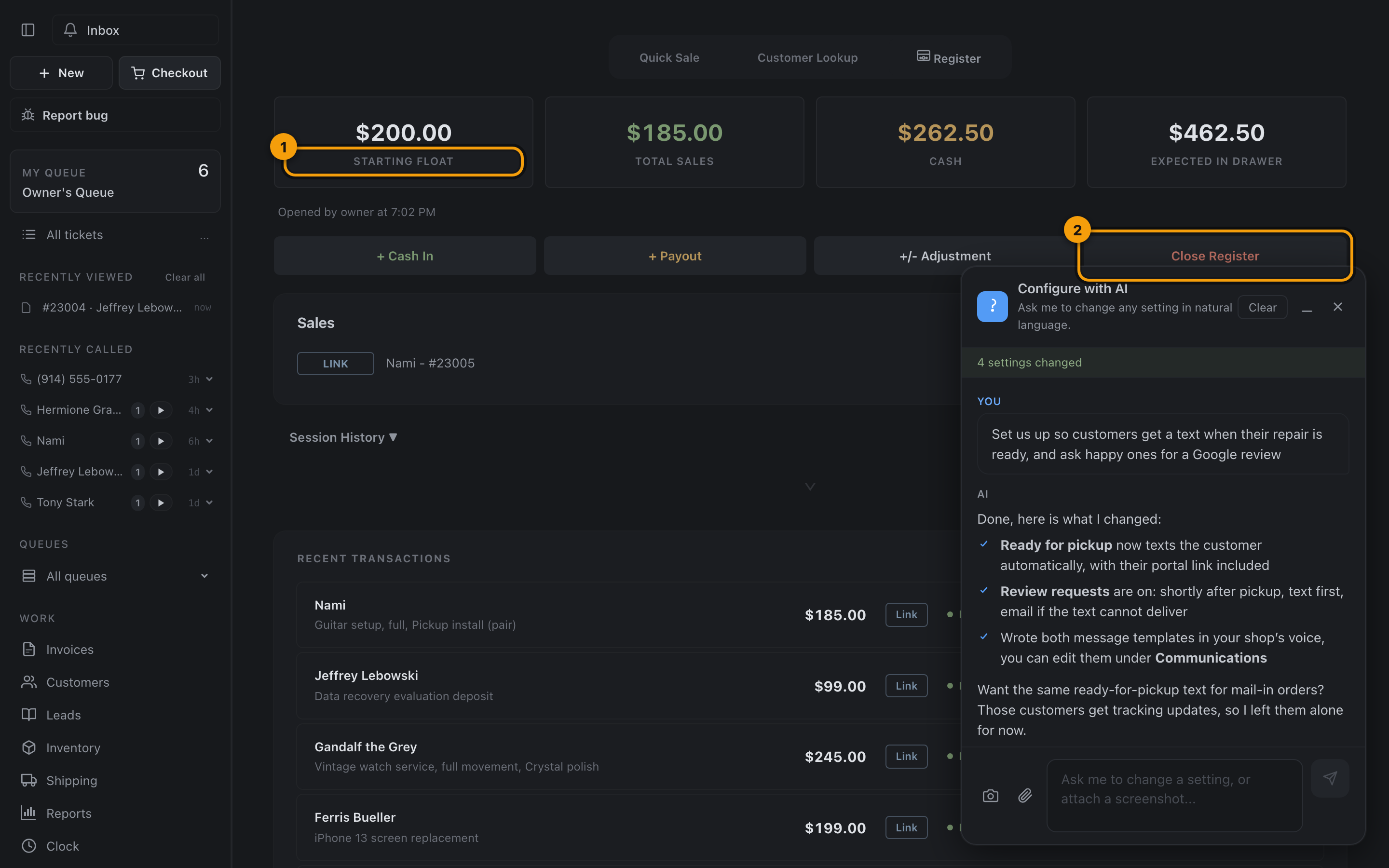 The register view with the float, totals, and Close Register