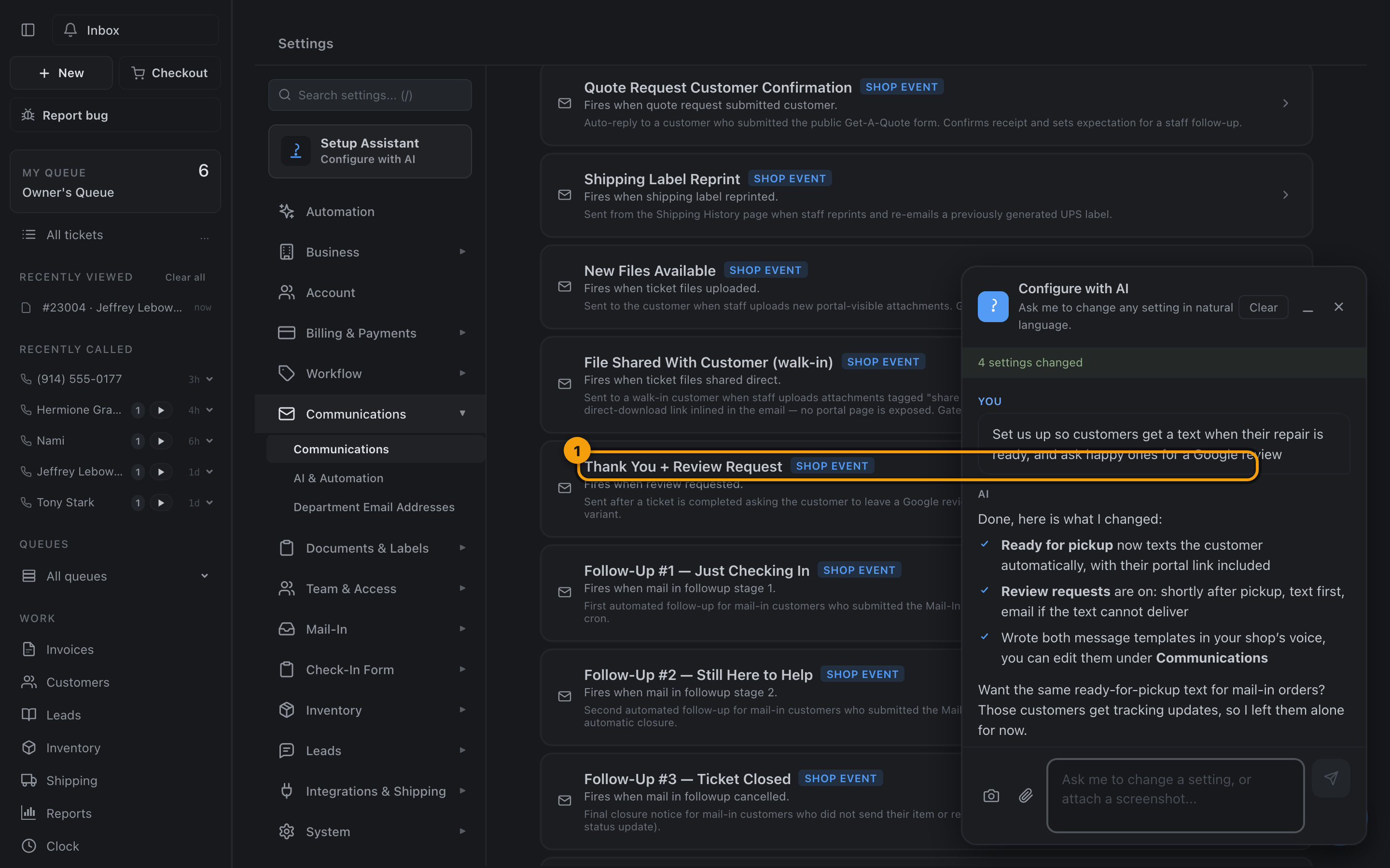 Review request settings inside Communications