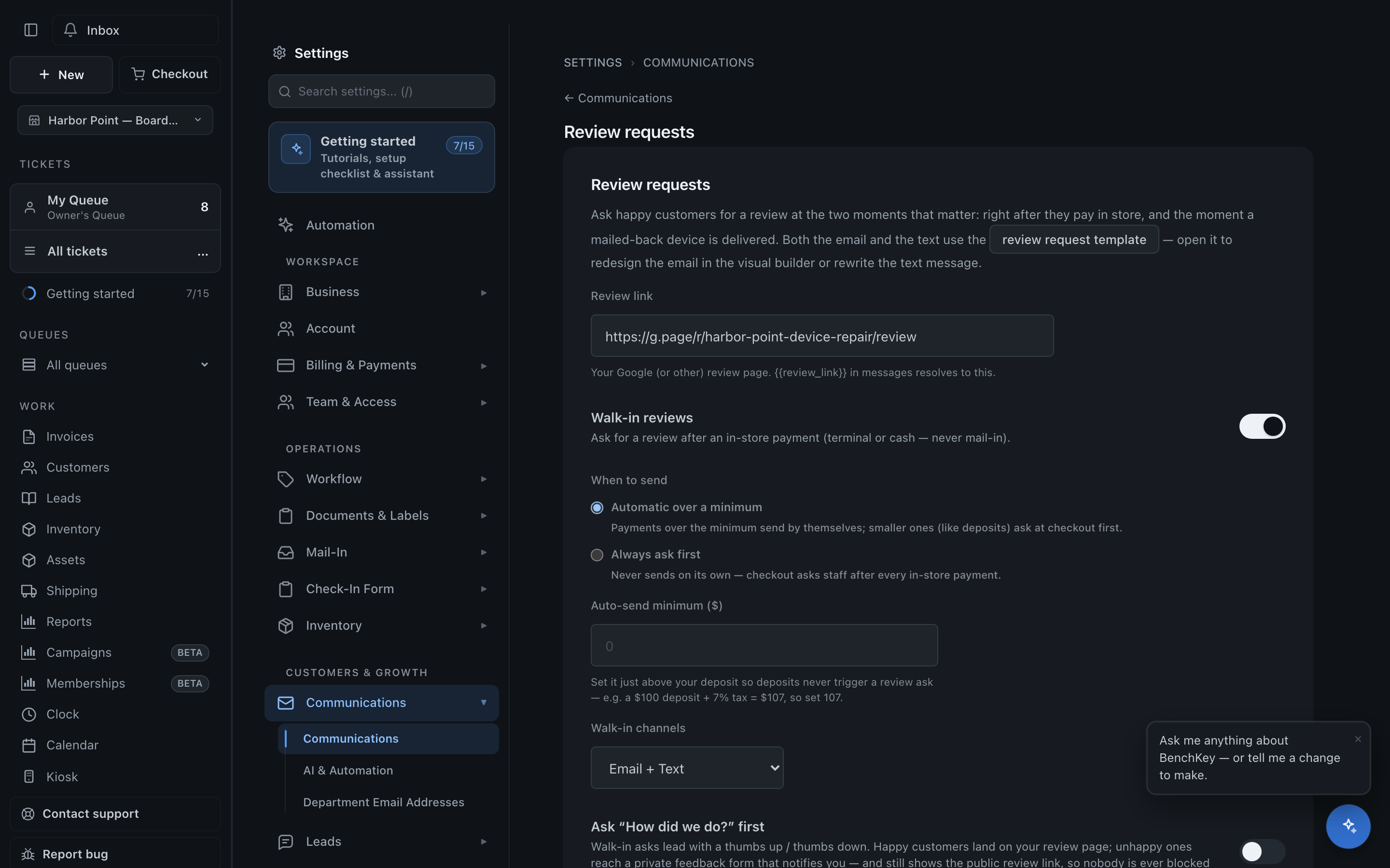 Review request settings inside Communications