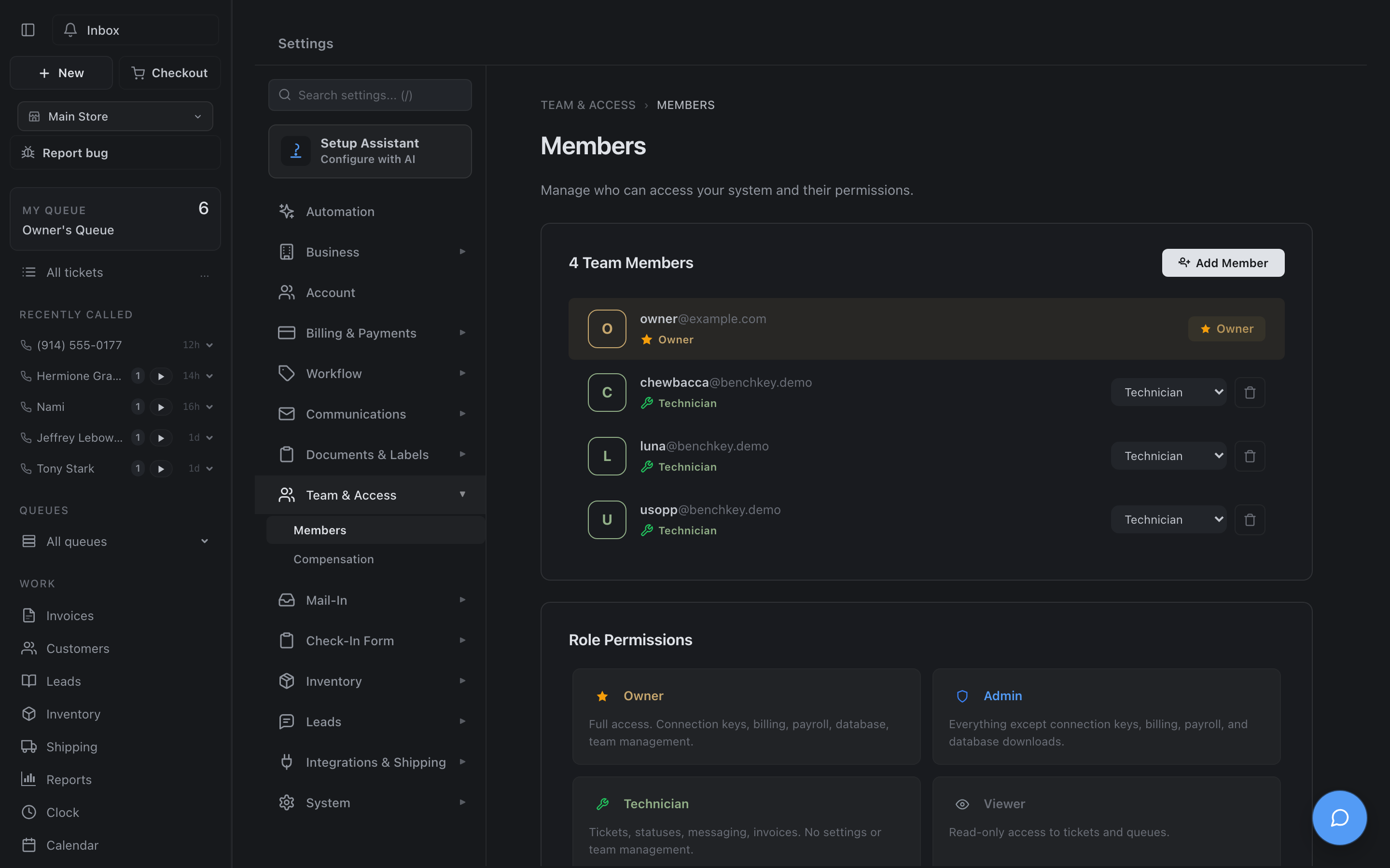 Team settings with members and roles