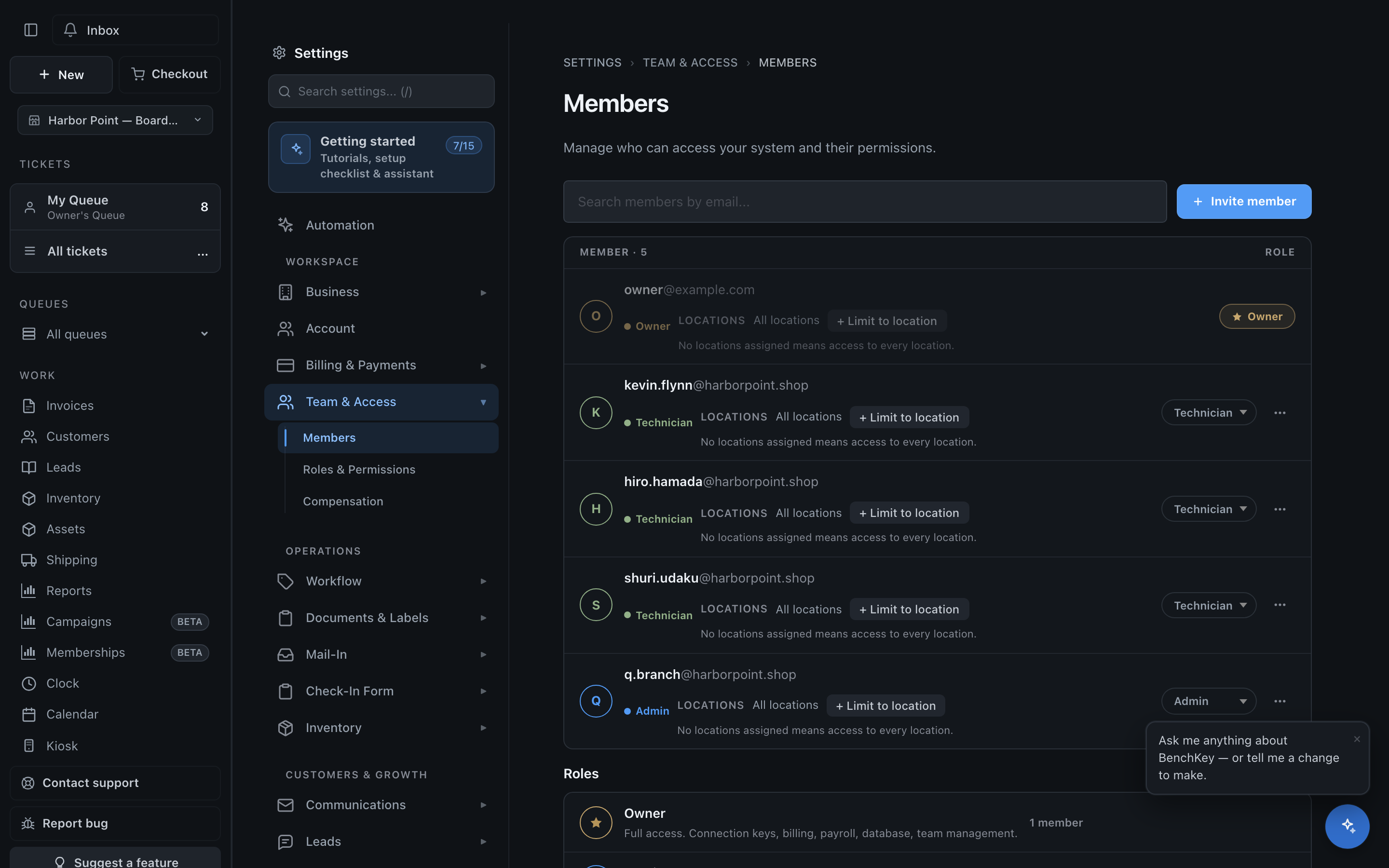 Team settings with members and roles