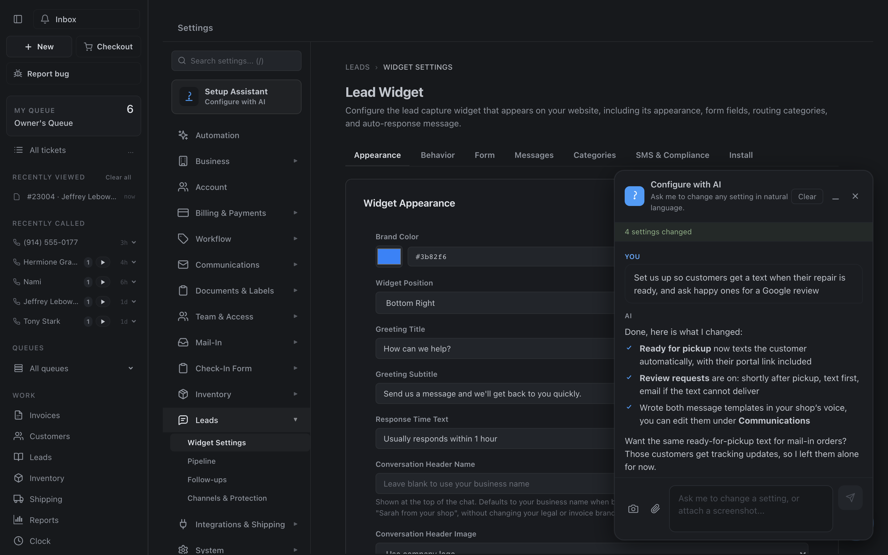 The widget settings page with the embed snippet