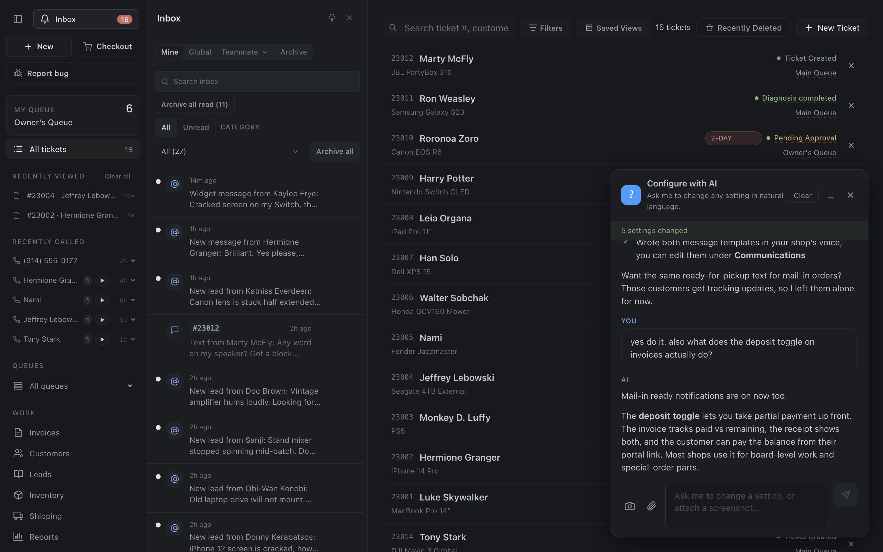 The Recently Called list in the navigation with play buttons