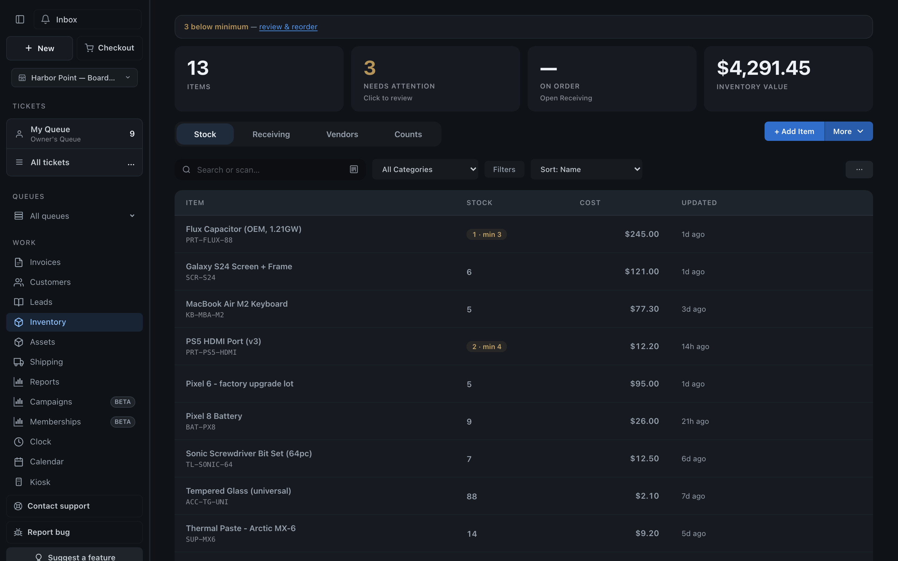 The inventory list with stock levels and low-stock flags