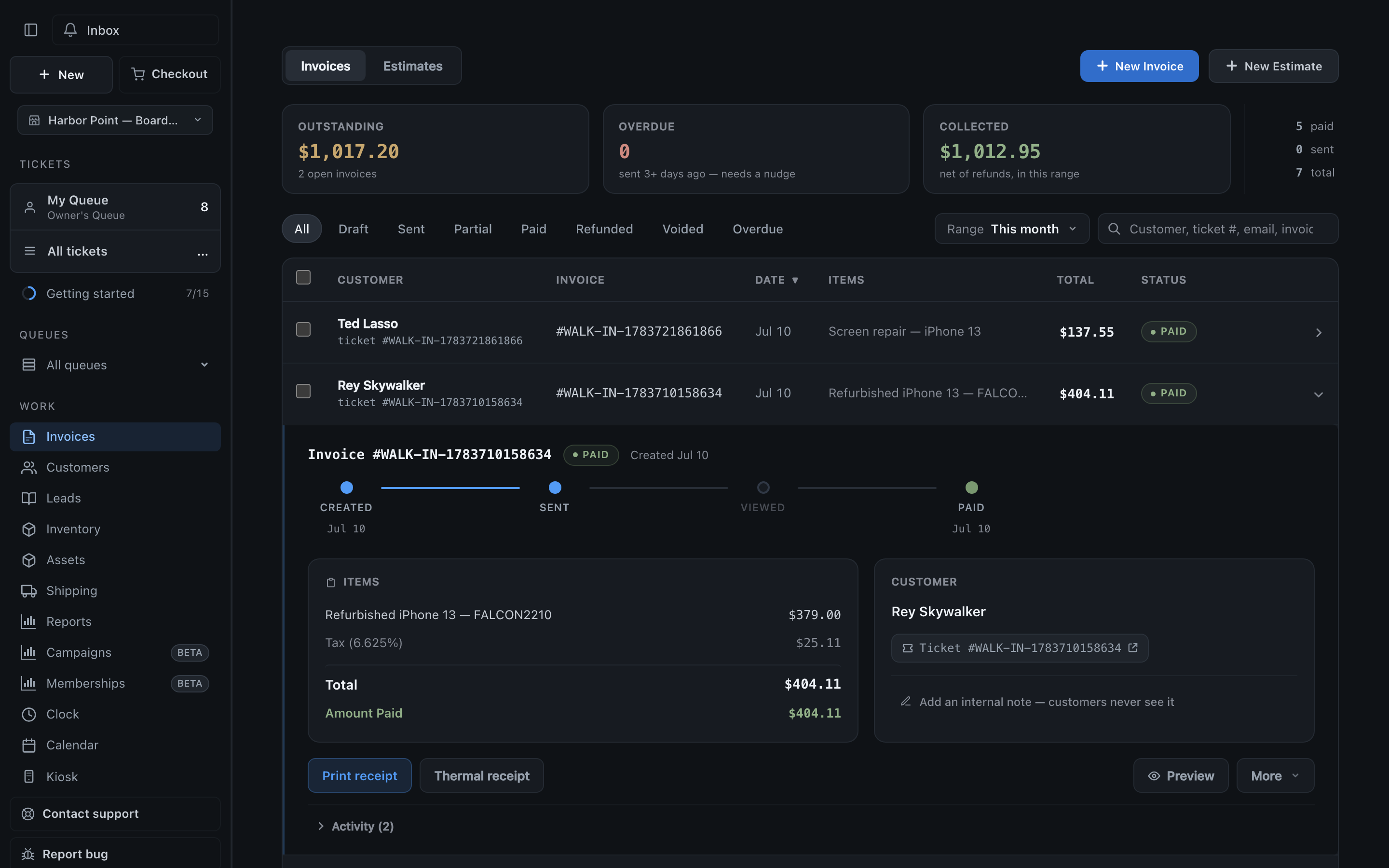 The invoices hub with collected, outstanding, and overdue totals