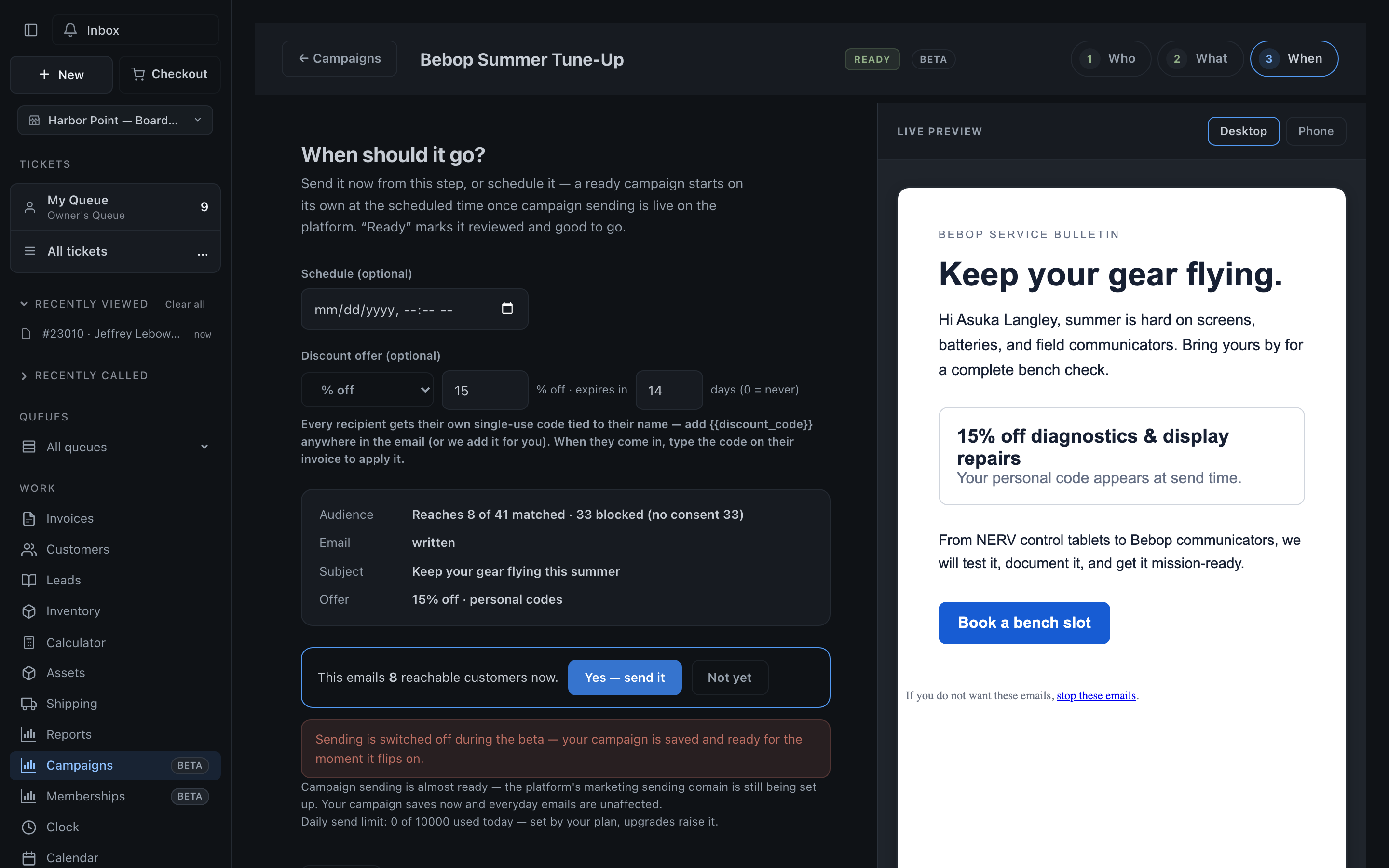 The populated Bebop campaign with eight consented recipients, a 15% personal-code offer, live preview, and the honest sending-off message