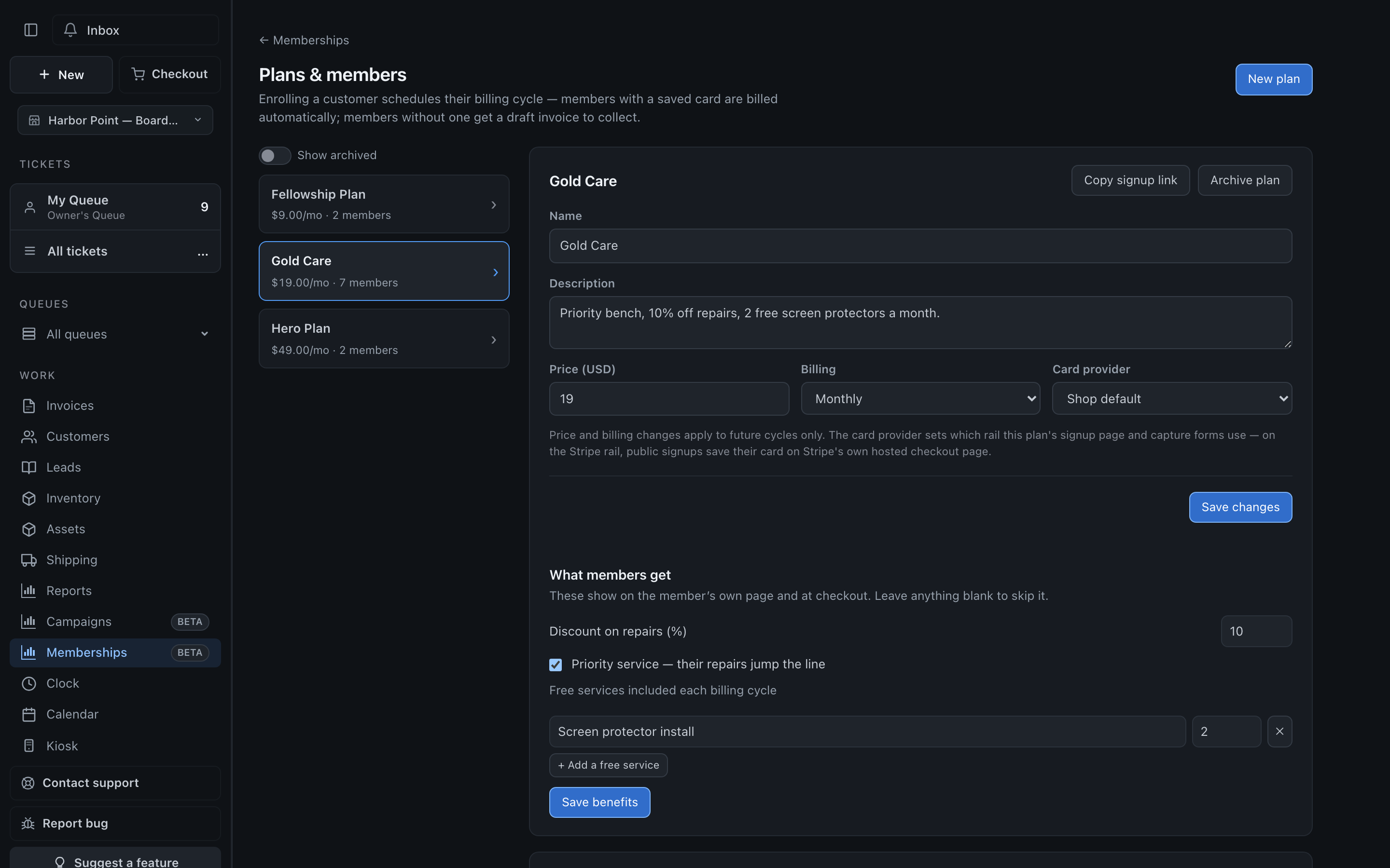 The Memberships panel with a Gold Care plan selected and its billing configuration visible