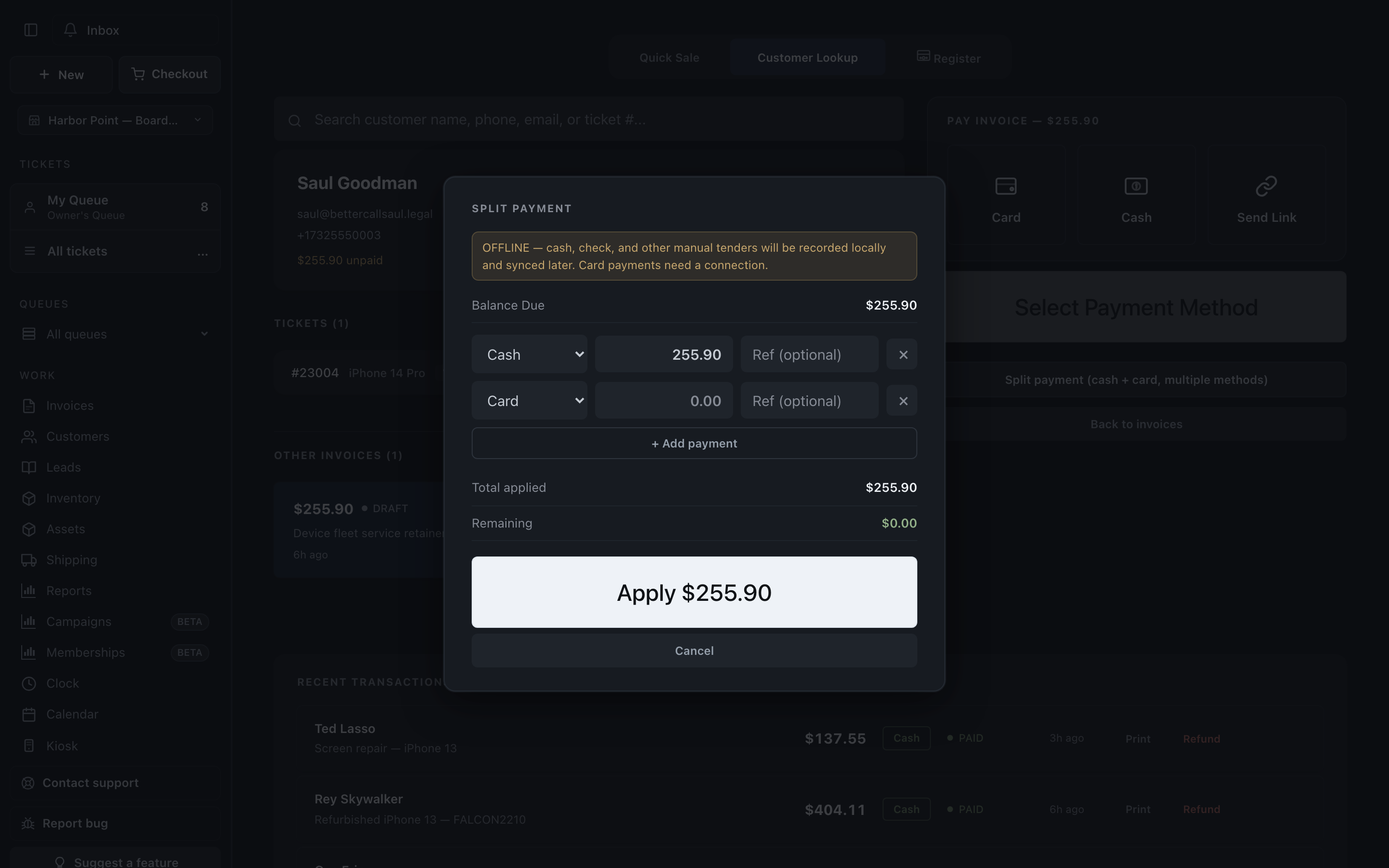 Checkout's split-payment modal offline: the amber banner explains manual tenders record locally and sync later