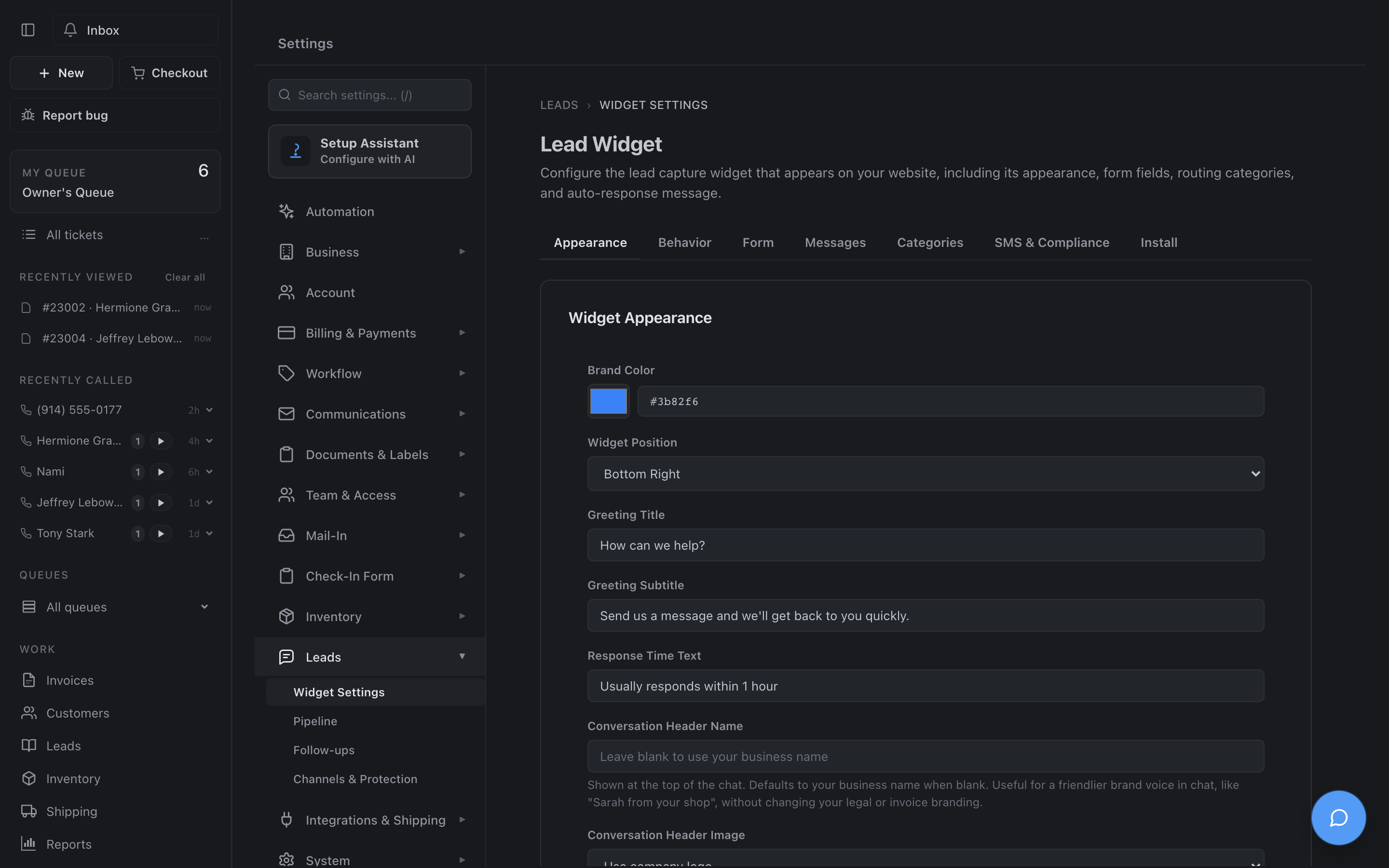 Lead widget configuration
