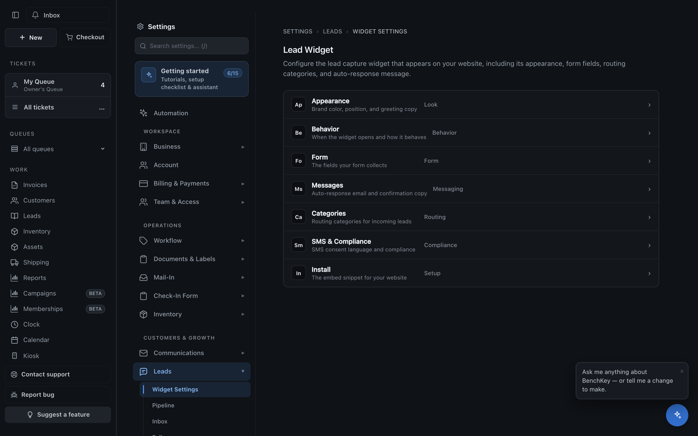 The Lead Widget settings hub with Appearance, Behavior, Form, Messages, Categories, Compliance, and Install