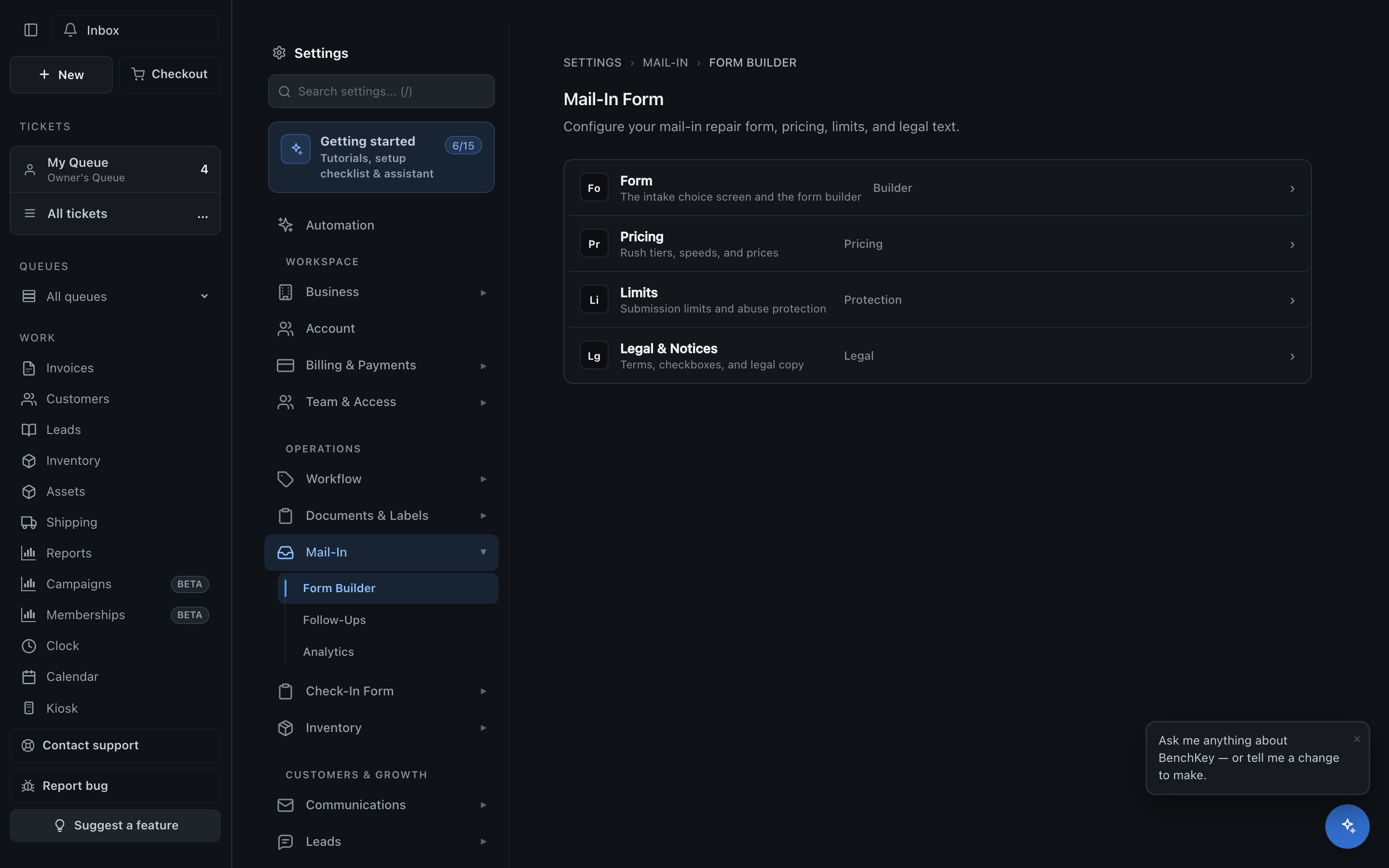 The Mail-In settings hub with Form, Pricing, Limits, and Legal entry points