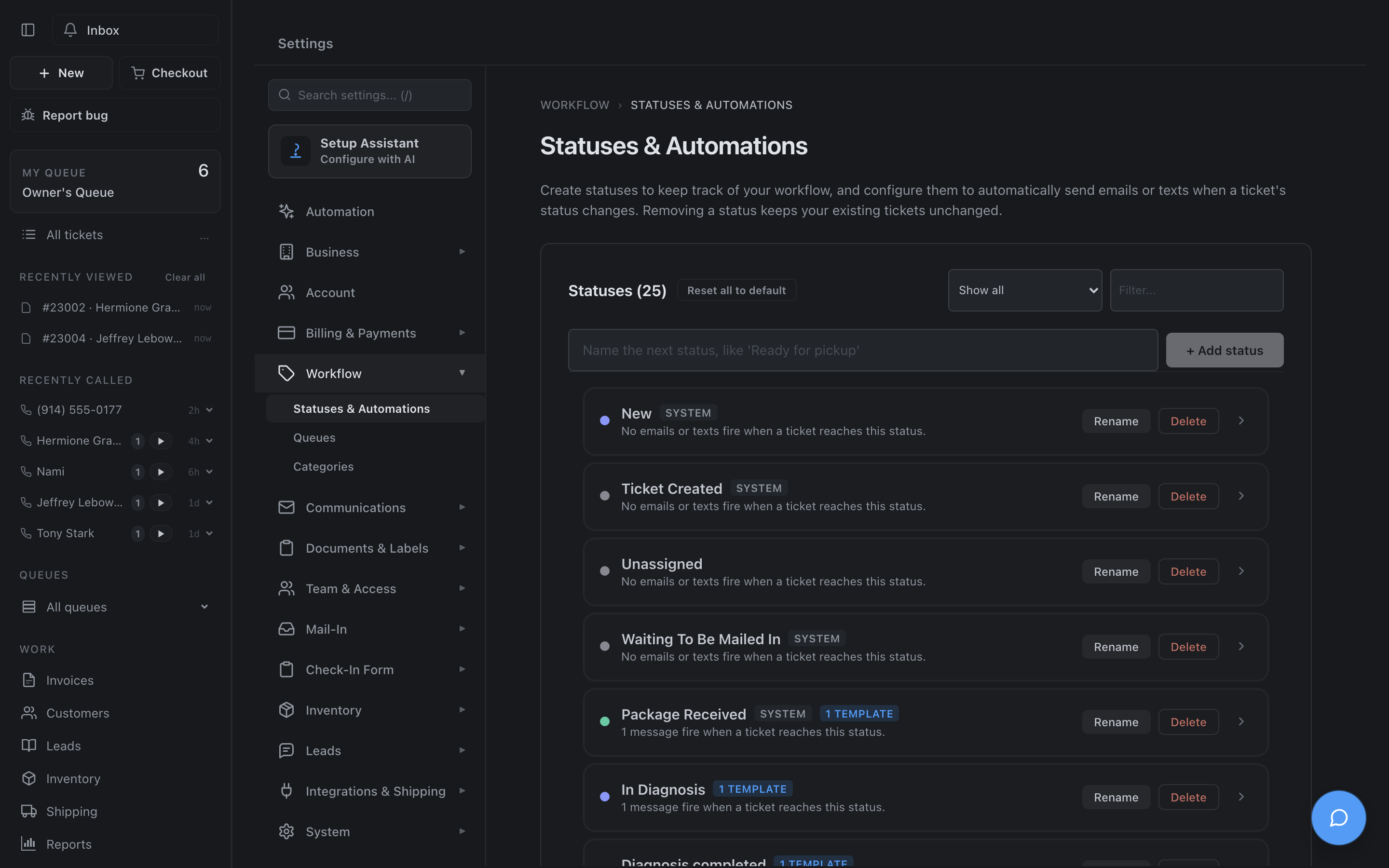 Statuses & Automations settings