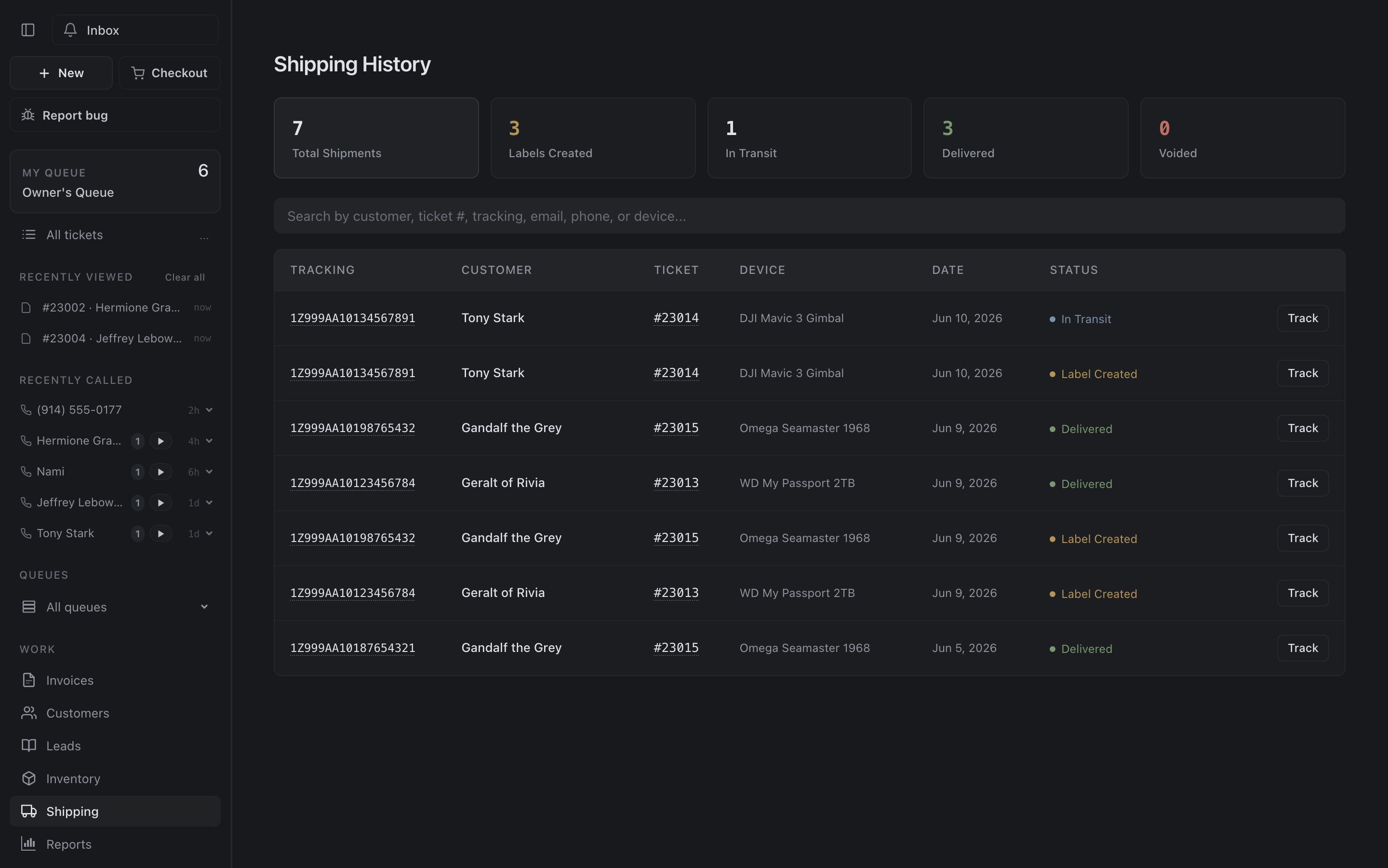 Inbound and outbound shipments tracked on tickets