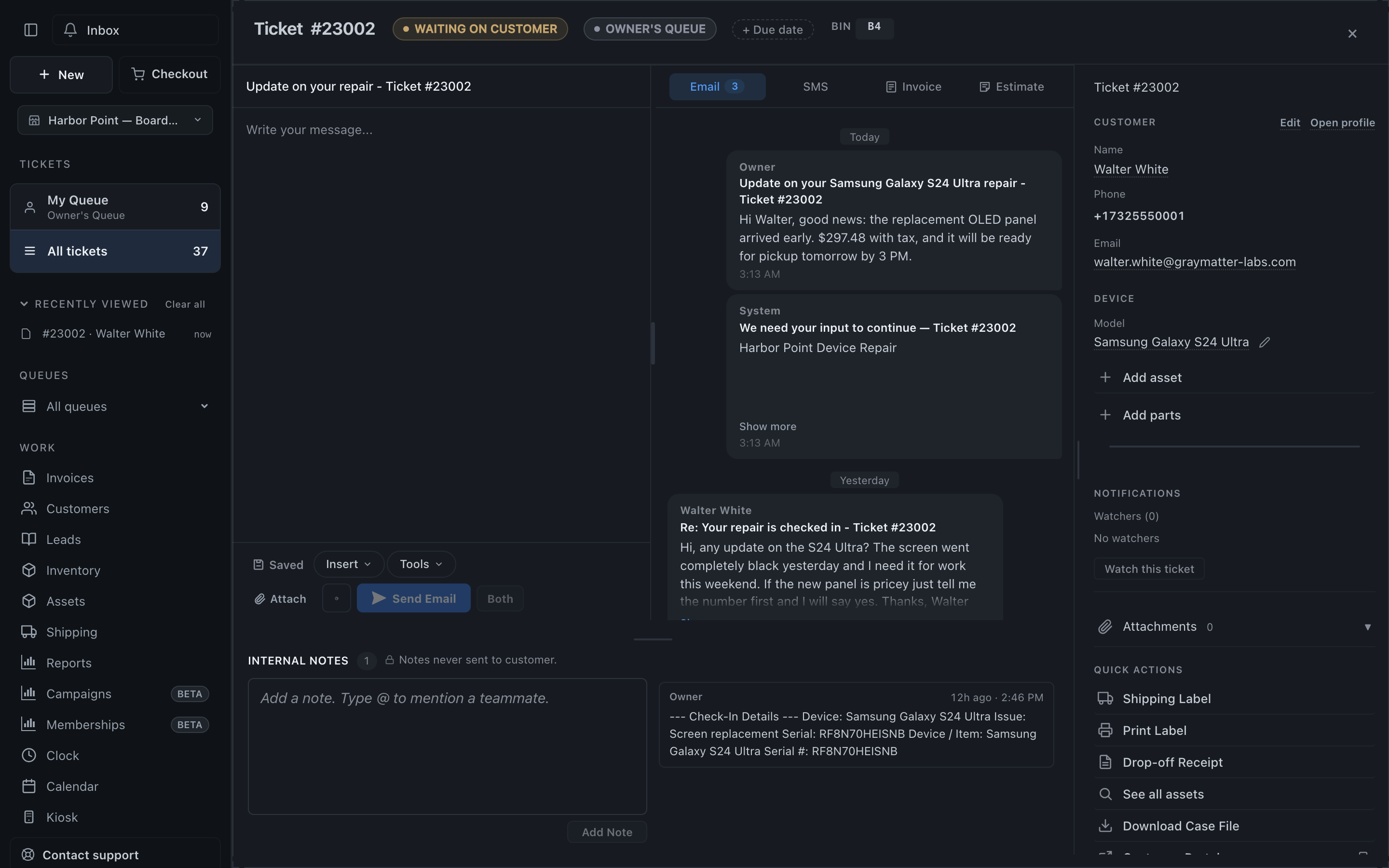 Email/SMS composer and internal notes on a ticket