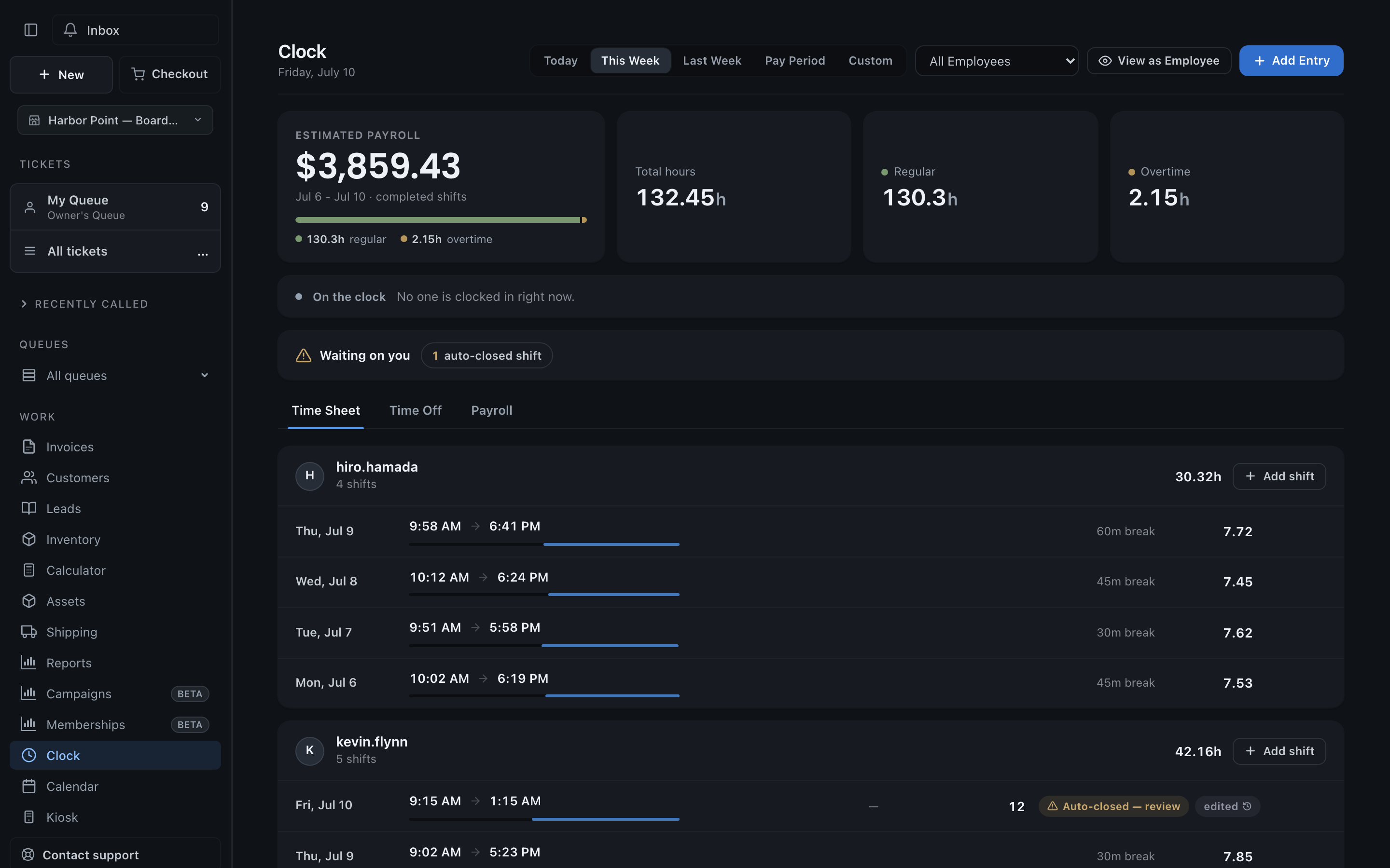 The current populated time clock with weekly shifts, payroll totals, rates, and per-person hours