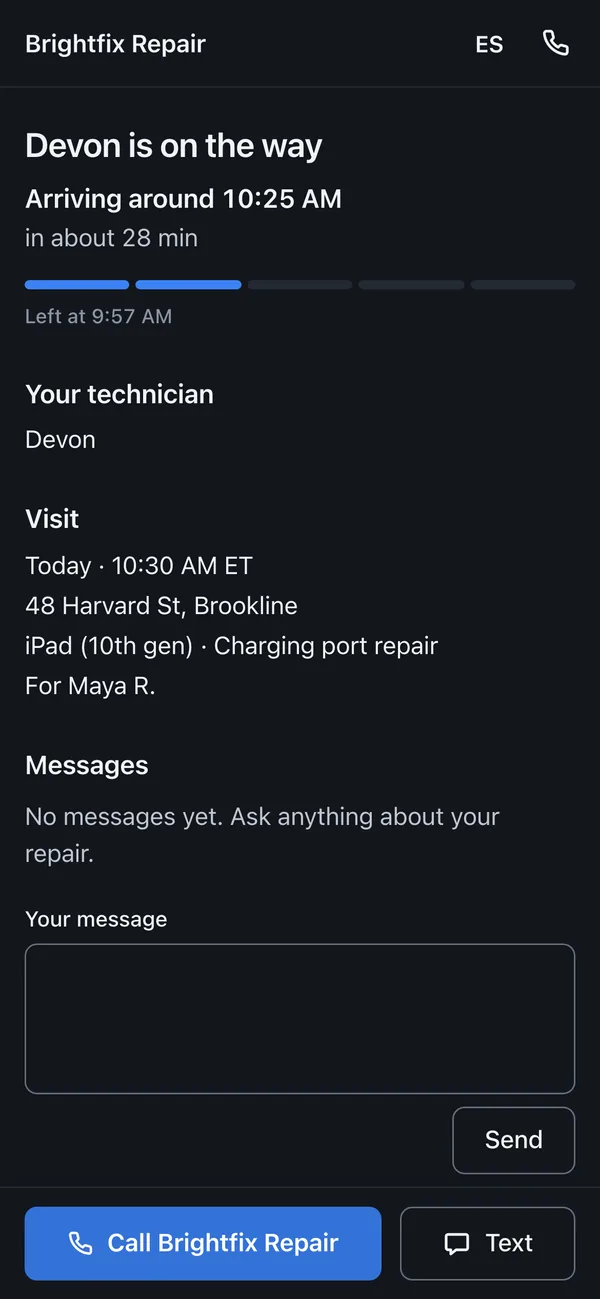 Customer visit page showing the technician on the way, an arrival estimate, visit details, and messaging controls