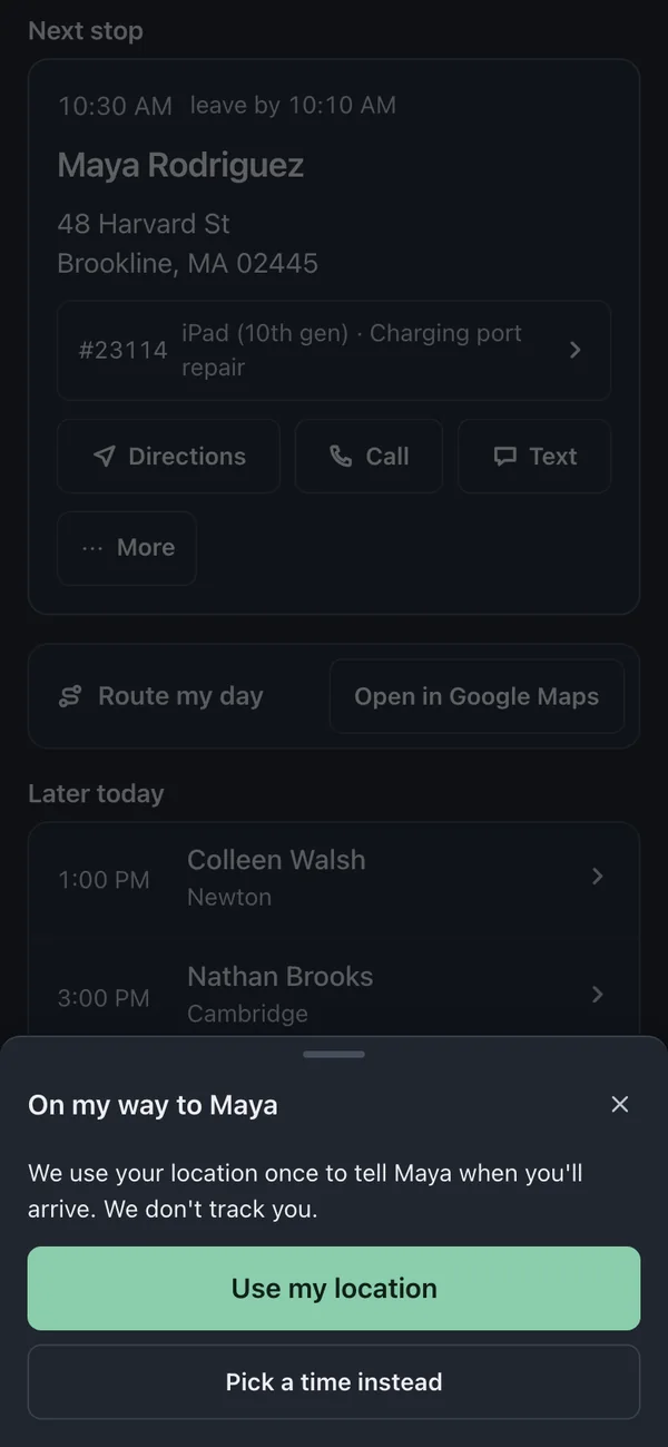 On my way to Maya sheet explaining one-time location use without tracking, with Use my location and Pick a time instead.