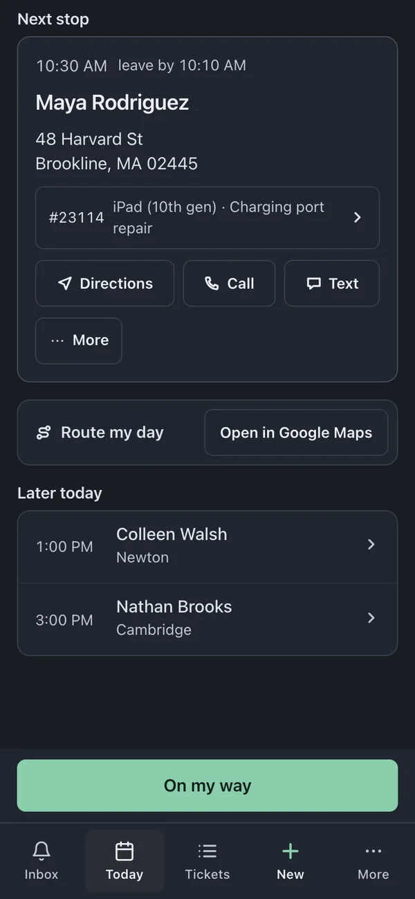 Technician’s Today screen with the next stop, directions, contact buttons, later visits, and On my way