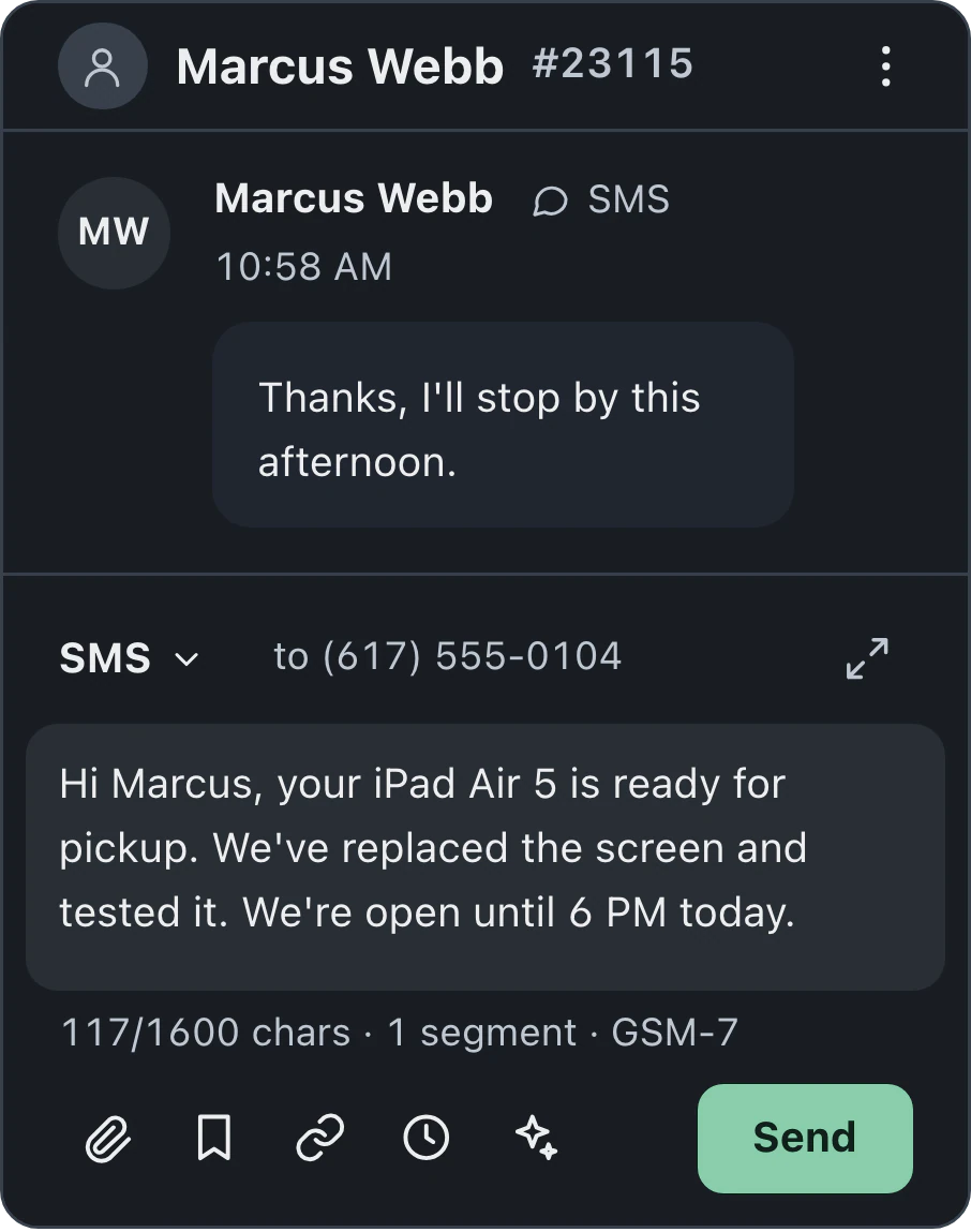 Ticket message composer with a drafted pickup text, editing tools and send button.