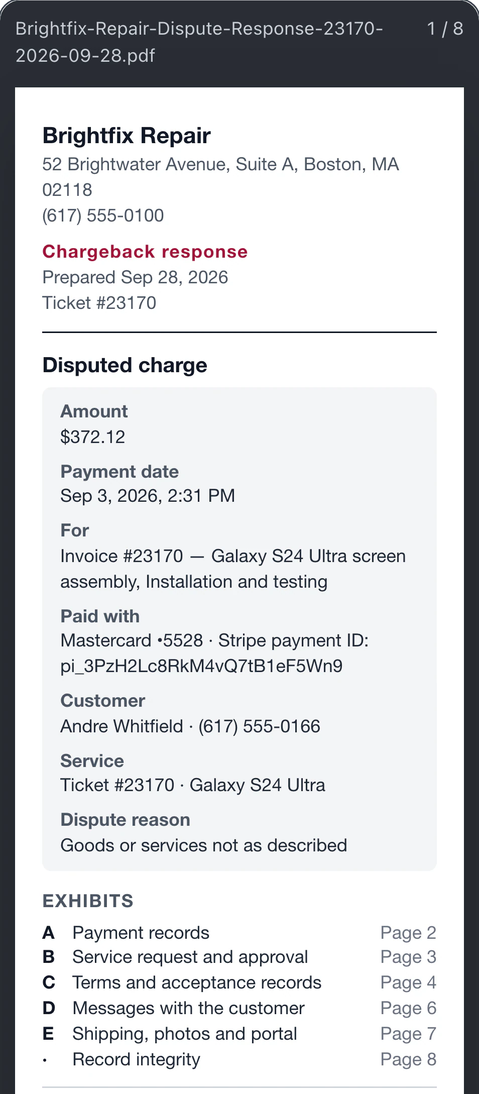 First page of the Chargeback response PDF showing disputed charge details and an index of exhibits.
