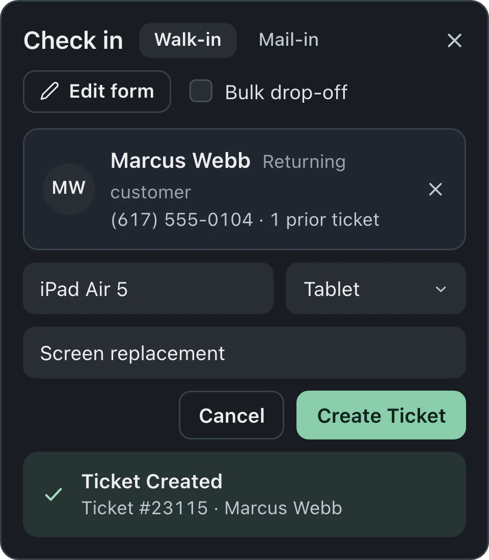 Walk-in check-in with a returning customer, device details, repair request and queue selection.