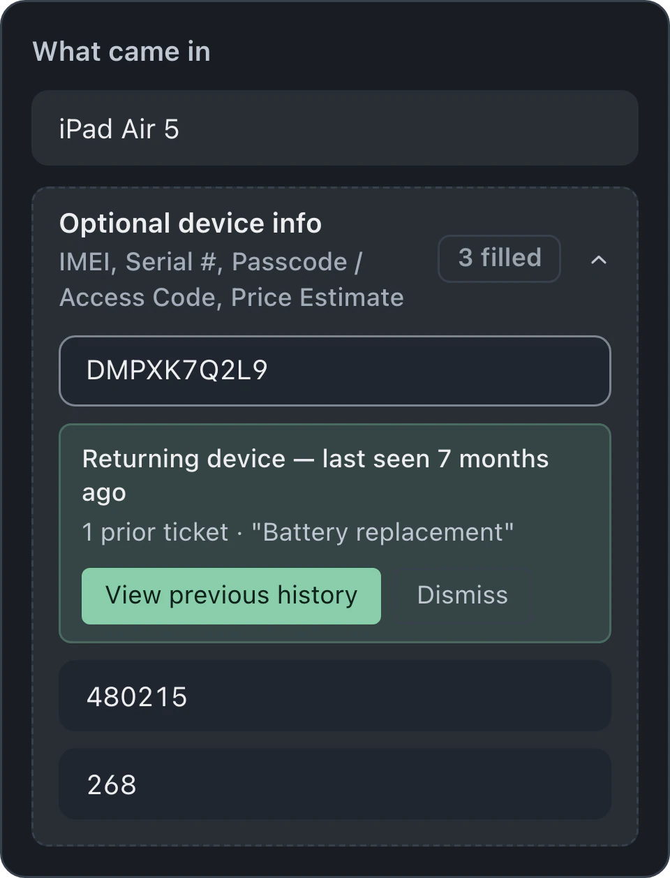 Check-in form for an iPad Air 5 with serial number, passcode and price estimate fields filled