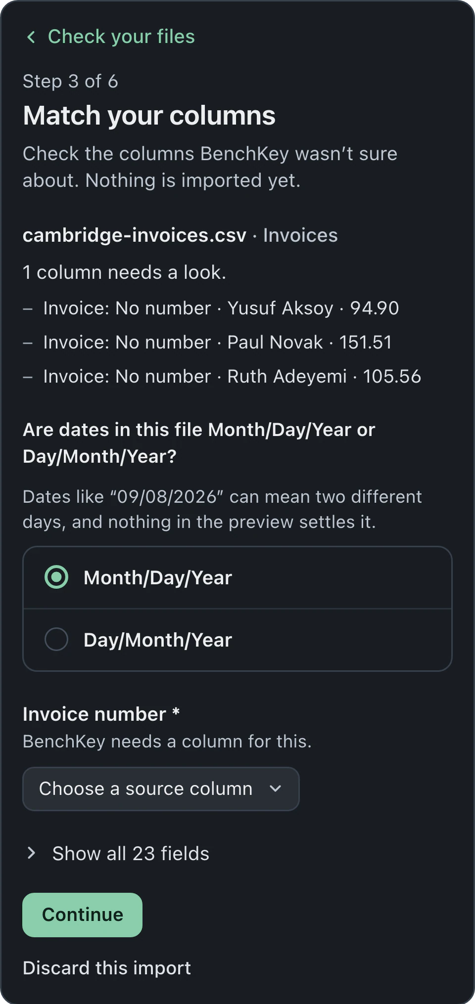 Invoice import preview with sample rows, column mappings and a date format choice